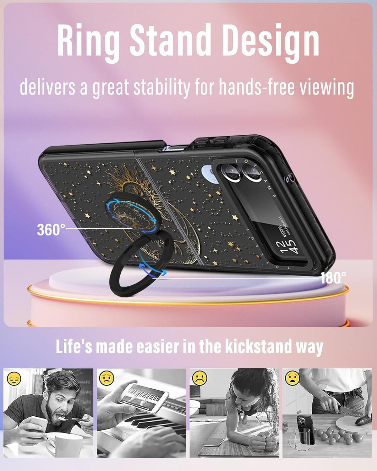 Toycamp Funda para Samsung Galaxy Z Flip 4 con soporte para anillo, bonita y divertida funda de diseño de estrellas de sol y luna de bruja, a prueba