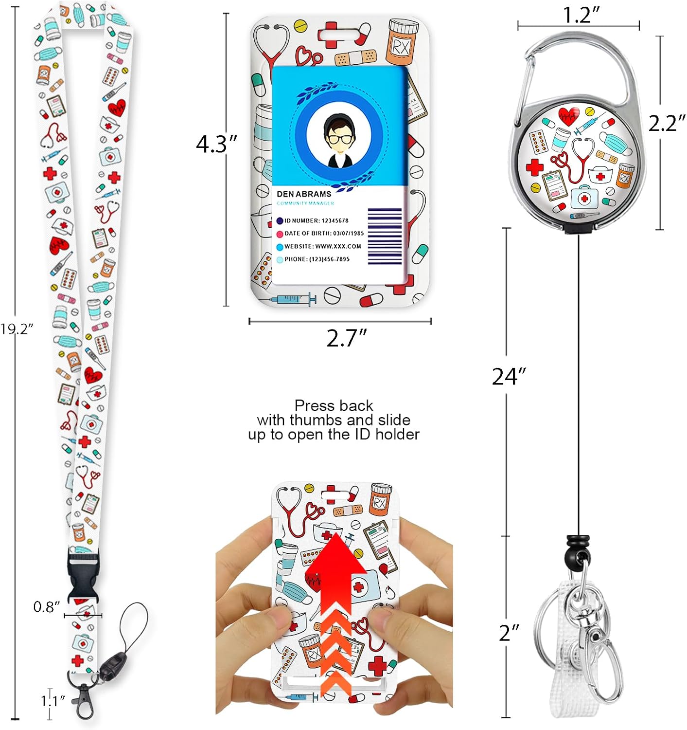Carrete de identificación para enfermera, cordones de farmacia para insignias de identificación, soporte para tarjetas de identificación con cordón