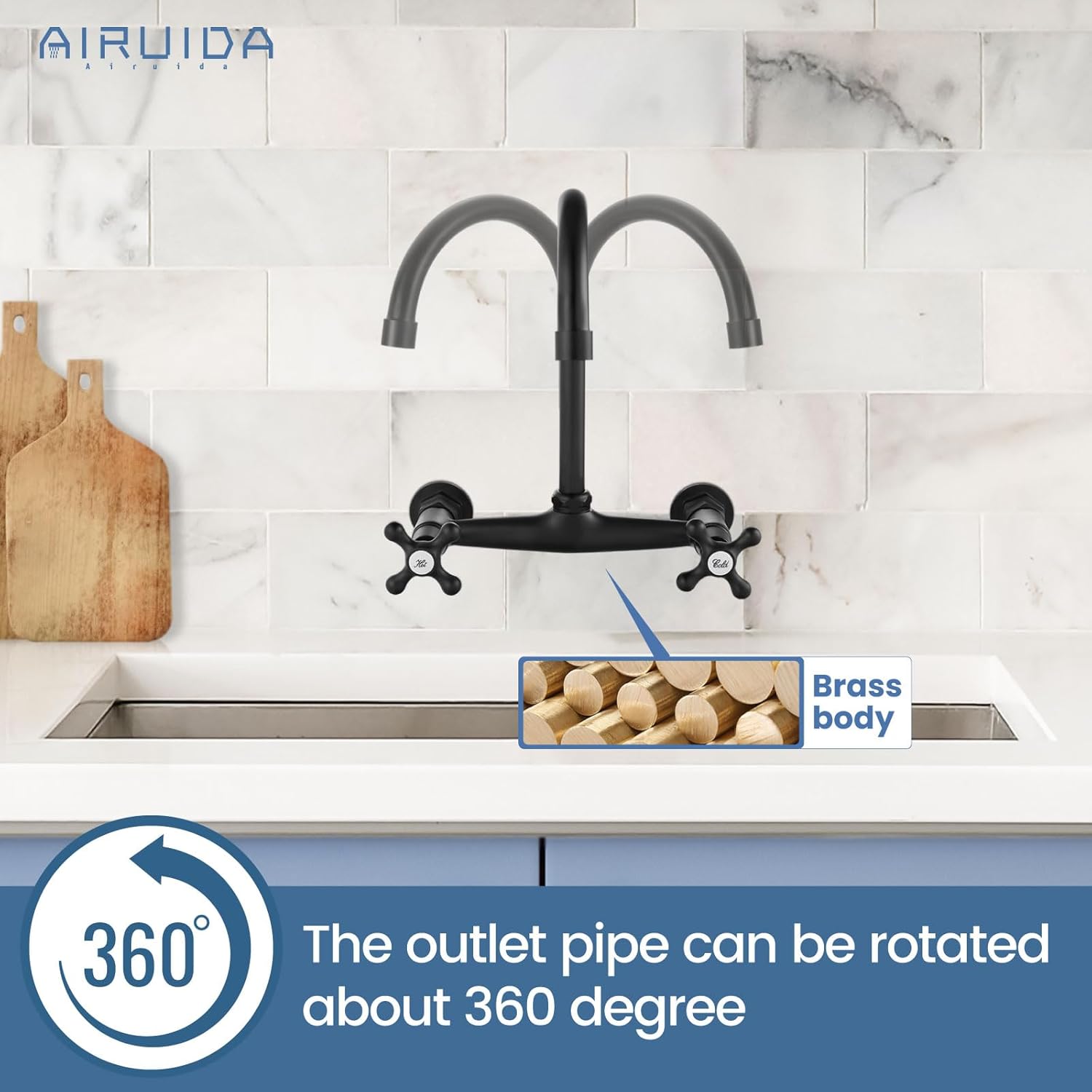 Airuida Grifo de latón negro mate de montaje en pared con doble mango y adaptador ajustable