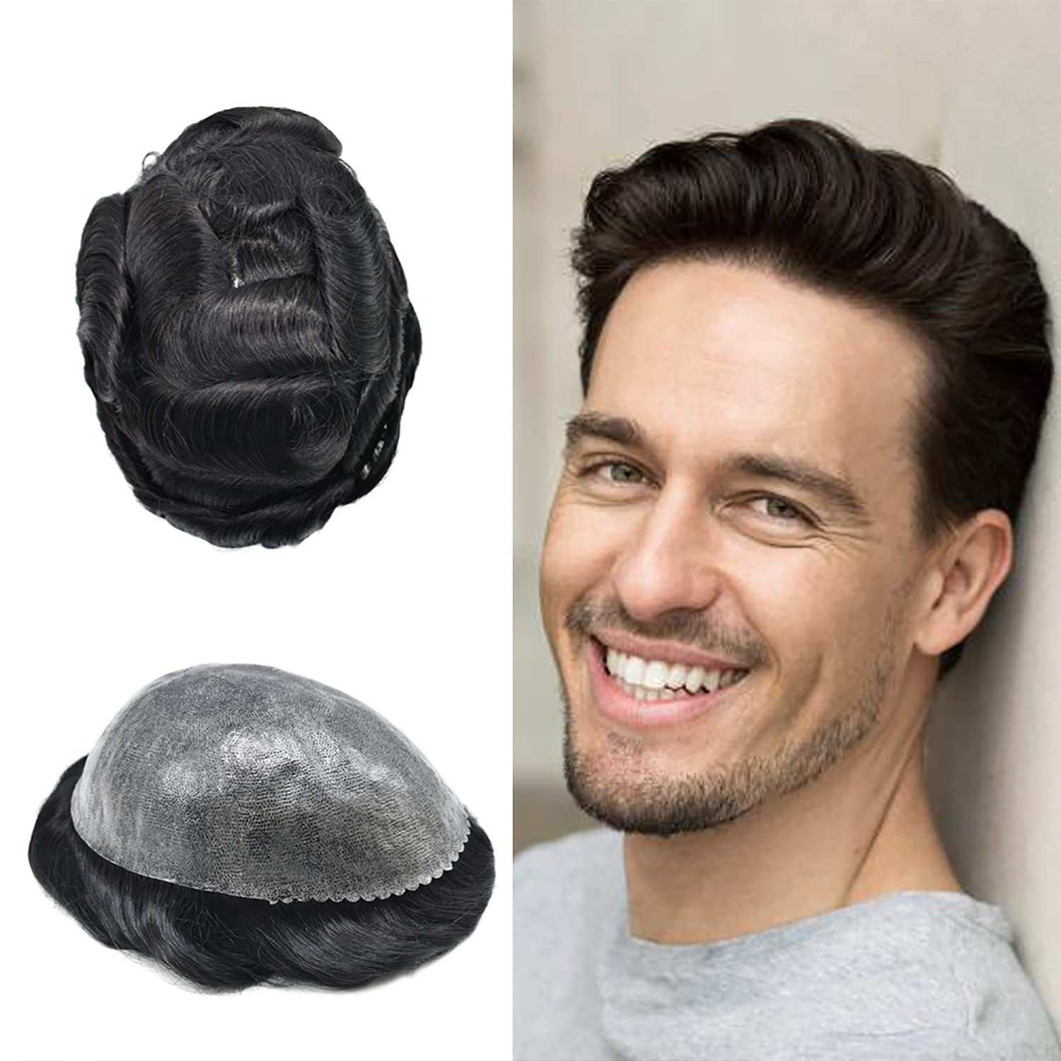 RESHE Tupé de cabello humano real para hombre, sistema de reemplazo de piezas de pelo para hombres, pieza de pelo polivinílico para hombres,