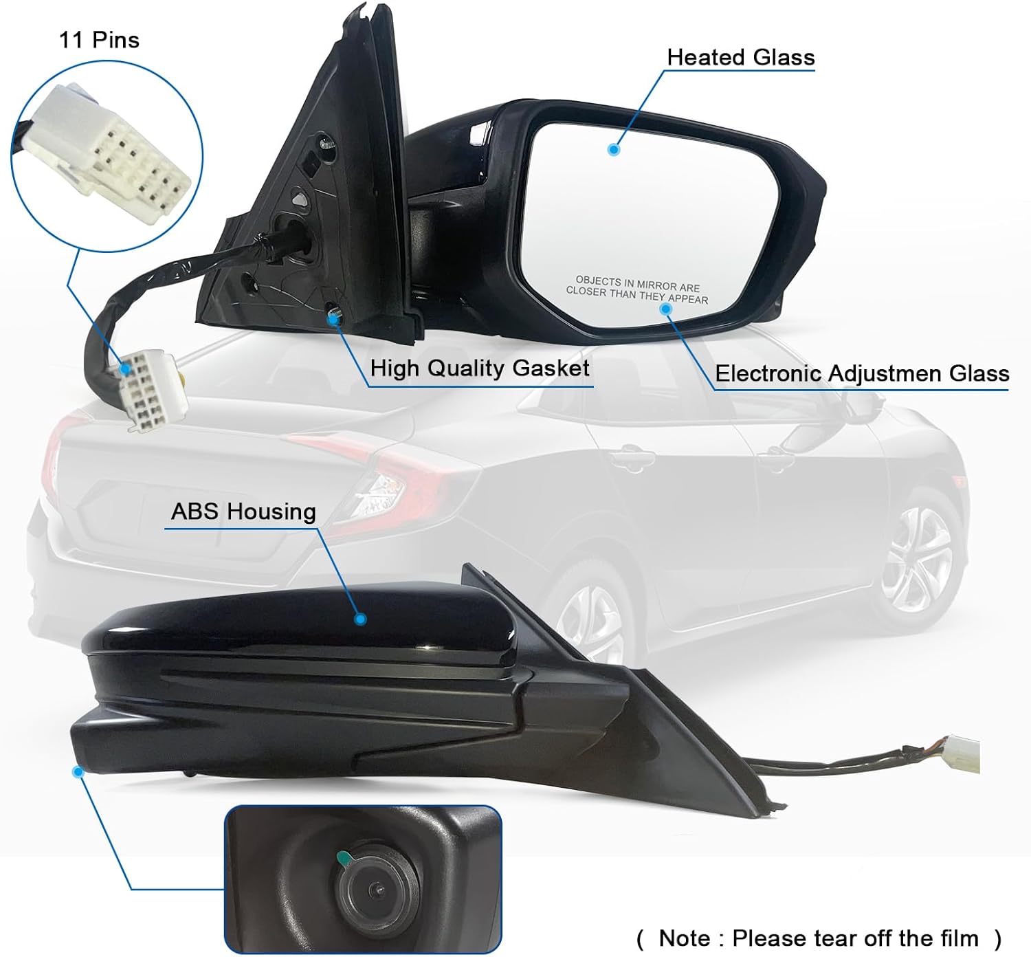 Espejo de puerta lateral derecha del pasajero compatible con Honda Civic Sedancoupehatchback LxExSport 2016-2021 con calefacción eléctrica y cámara