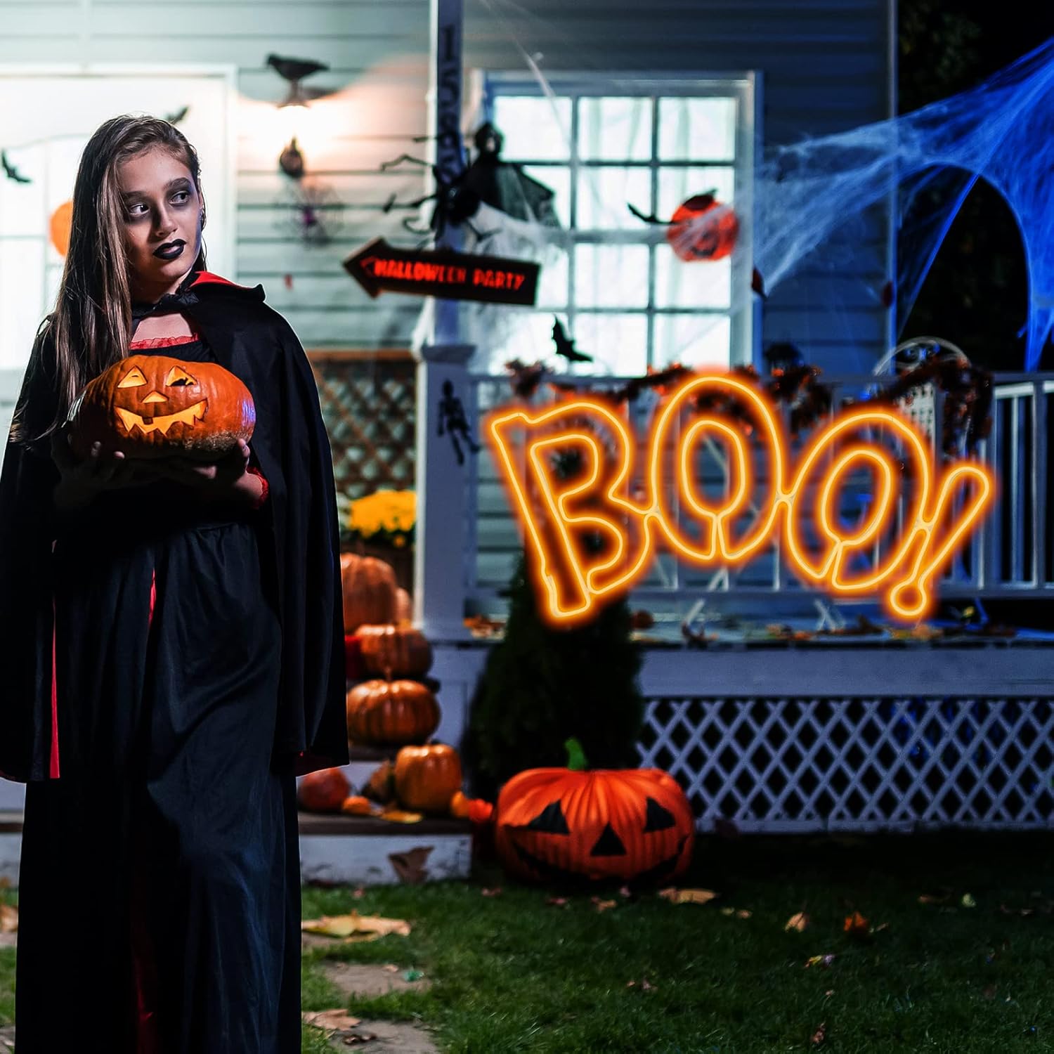 JUSTPRO Large 36×17 Inch Super-Bright 666LED Boo Neon Motif Orange LEDs Outdoor Halloween Decoration with UL Standard Adaptor Waterproof for Outdoor