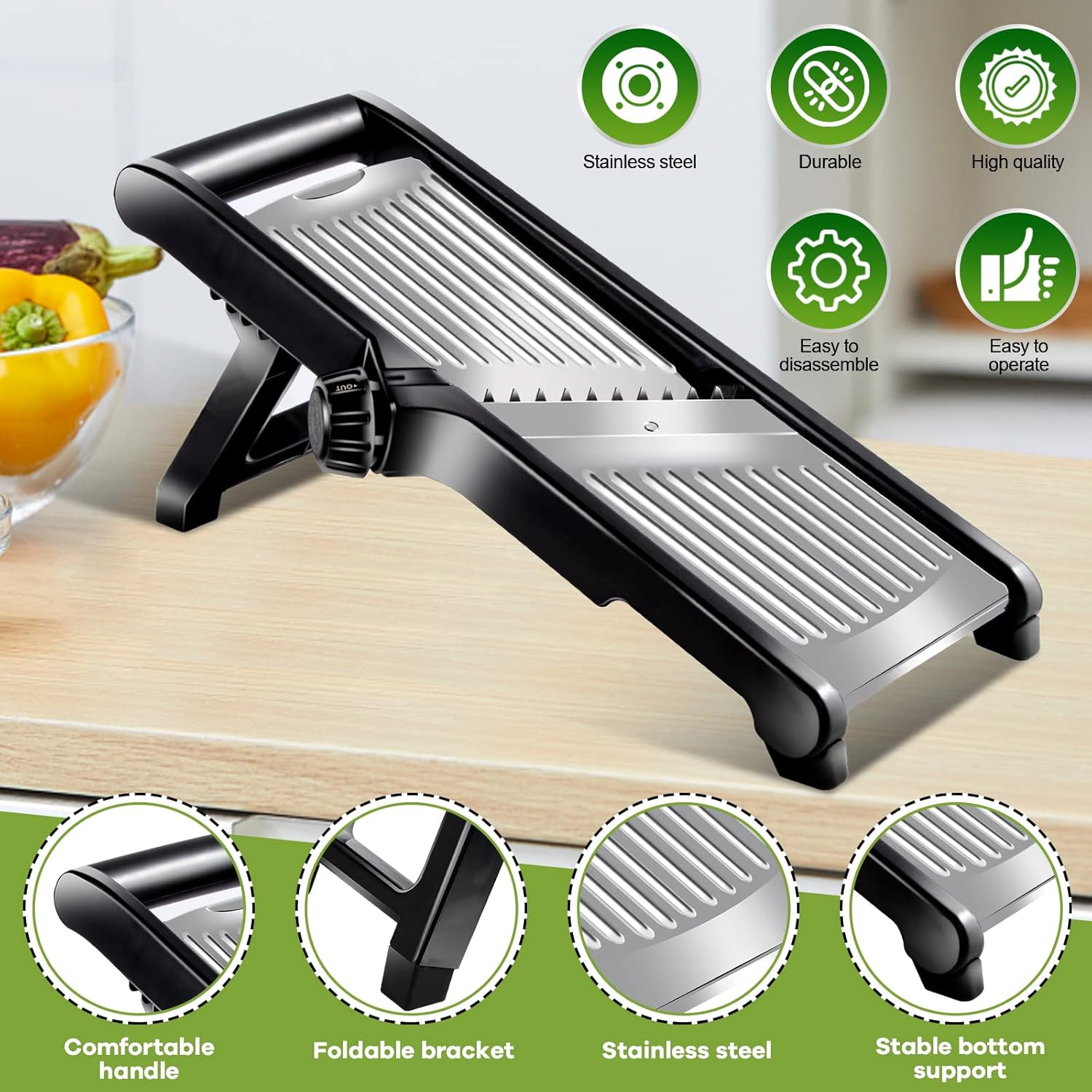 Almcmy Cortador de mandolina para cocina, cortador de alimentos de mandolina ajustable de acero inoxidable con guantes resistentes a cortes, picador