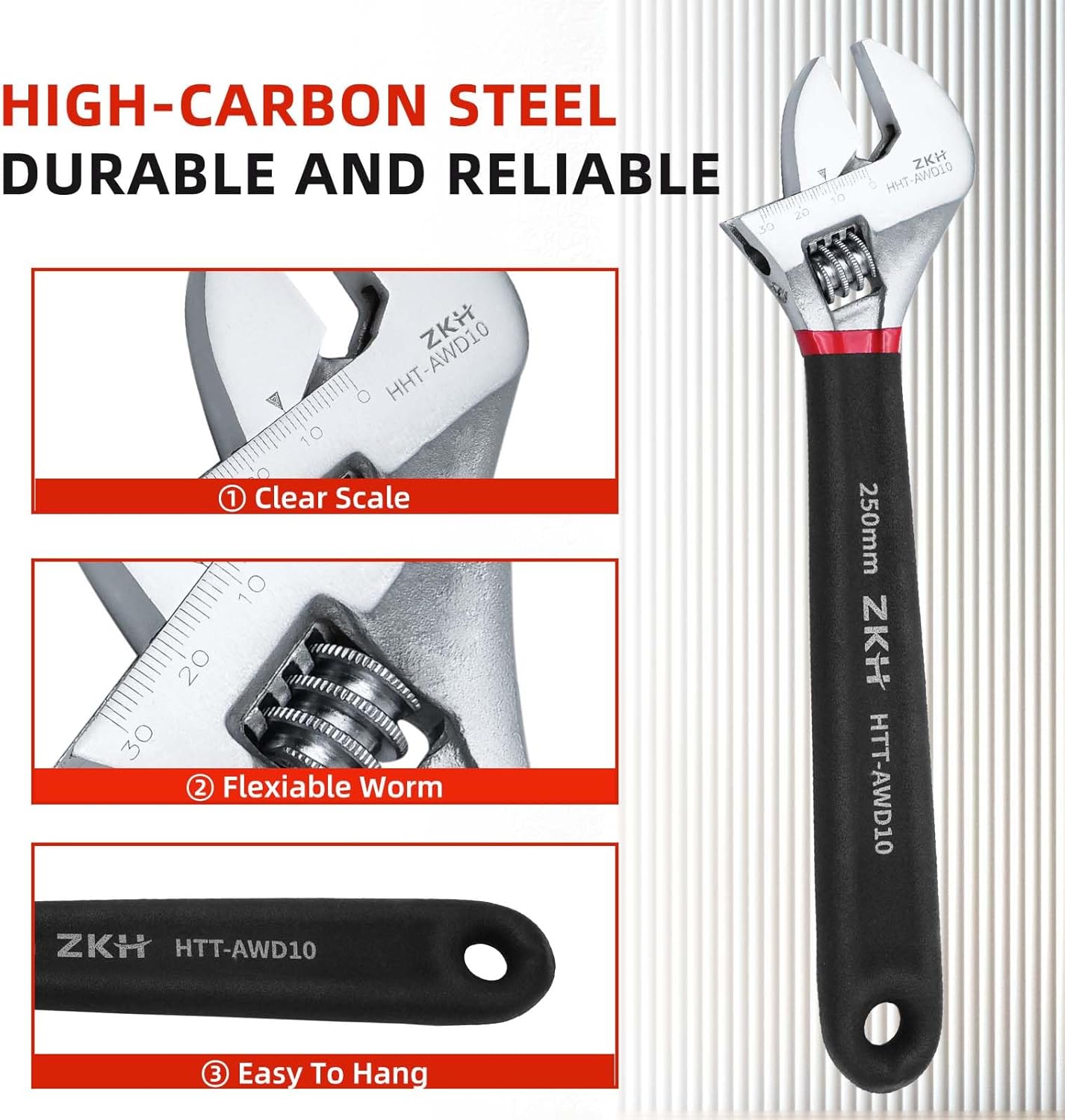 ZKH Llave ajustable de 10 pulgadas  Llave métrica mediana  Llave ajustable sumergida en plástico con agarre cómodo  10 pulgadas (9.843 in)  Apertura