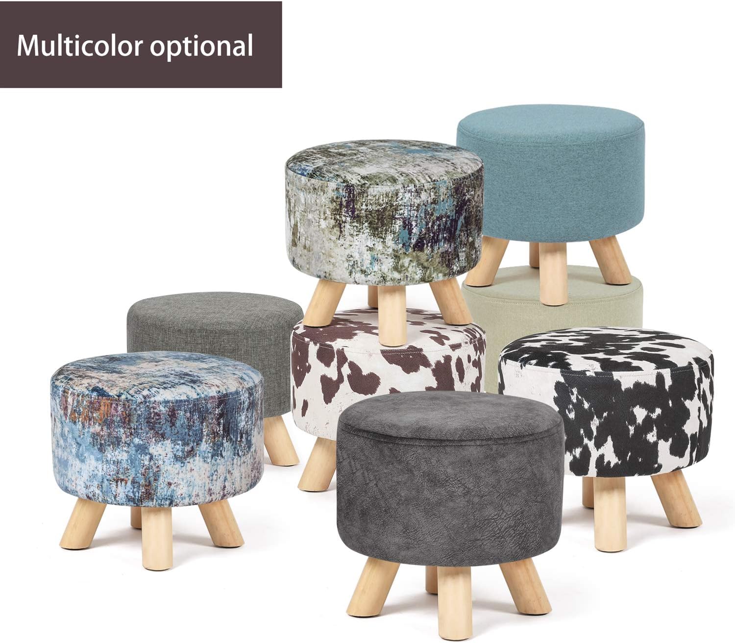 Asense Asiento otomano redondo acolchado de tela con reposapiés lindo otomano con patas de madera antideslizantes, color azul surtido