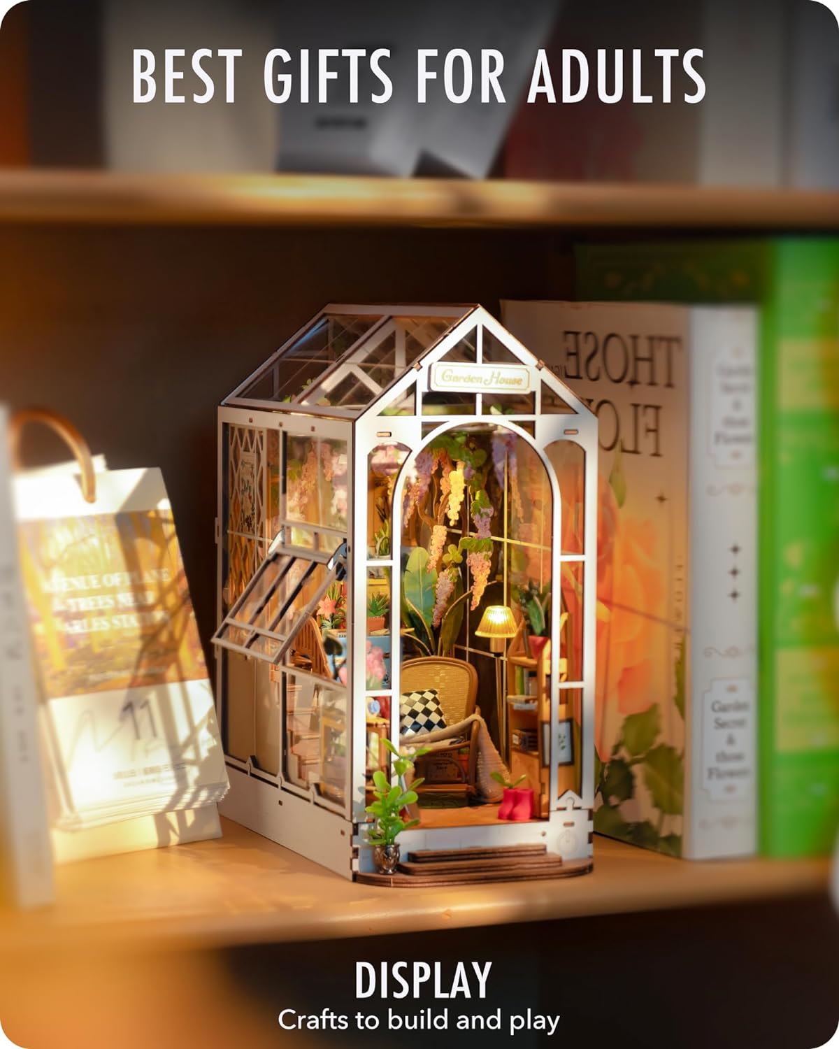 Rolife Kit de rincón de libros para bricolaje, sujetalibros creativo 3D, kit de rincón de libro en miniatura, soporte decorativo para estantería