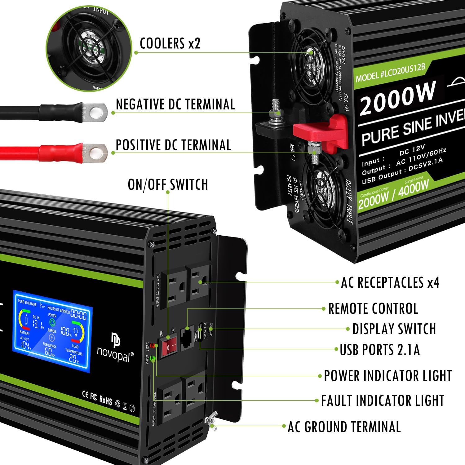 Novopal Inversor de corriente de onda sinusoidal pura de 2000 vatios, convertidor de CC de 12 V a 110 V120 V, 4 salidas de CA, inversores Rv con