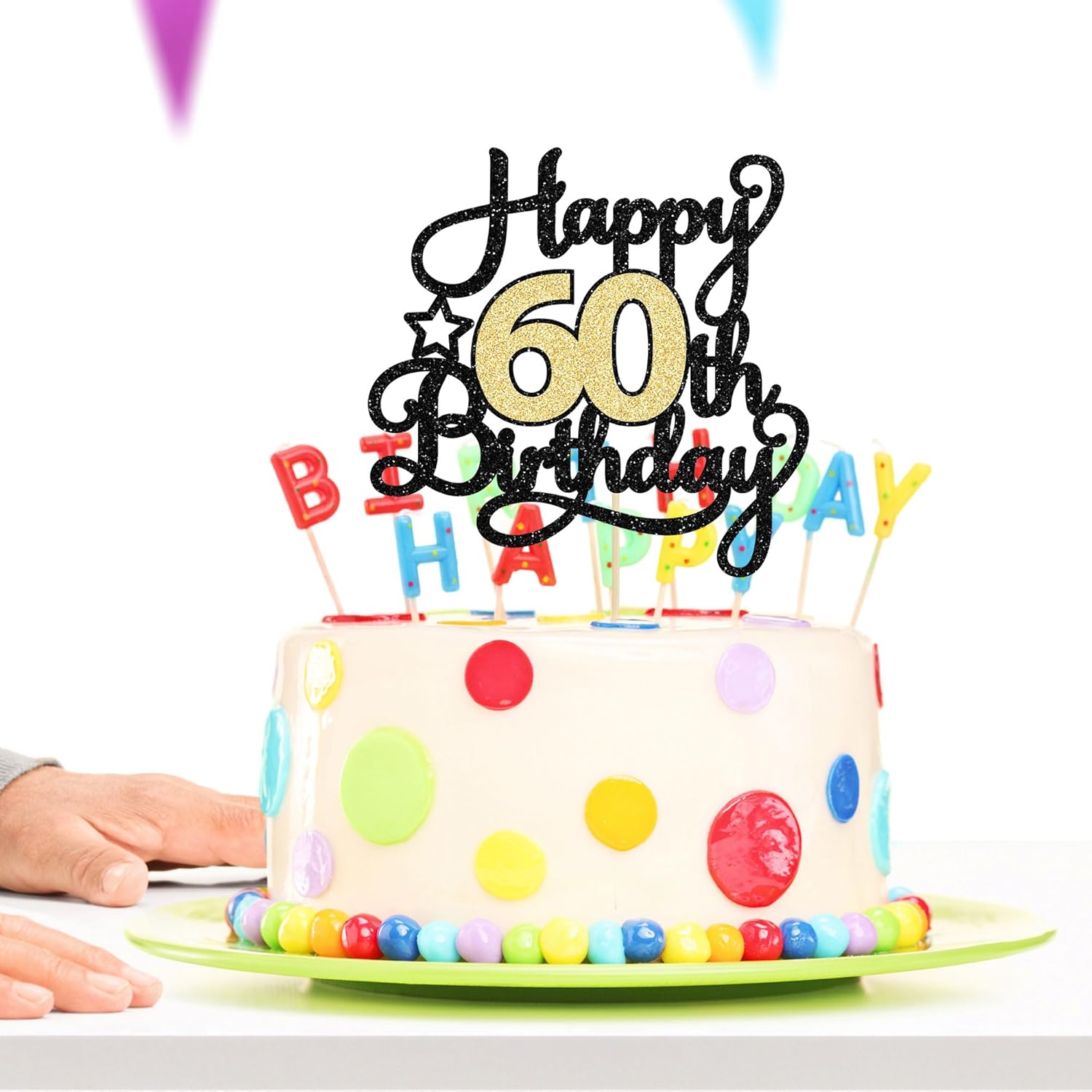 1 pieza de decoración para pastel de cumpleaños 60, color negro y dorado con purpurina para 60 años, selección de pastel de 60 años, decoración