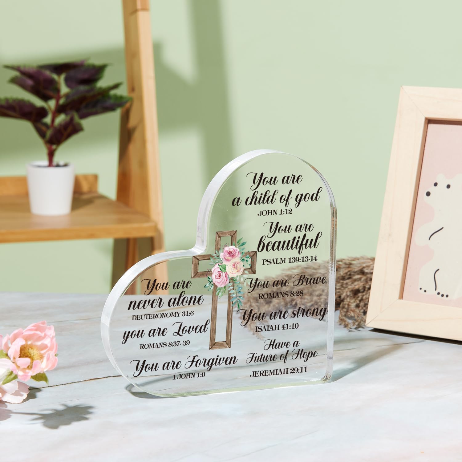 Regalos religiosos con las Escrituras, regalo cristiano de acrílico en forma de corazón, versículos bíblicos, decoración inspiradora para ella,