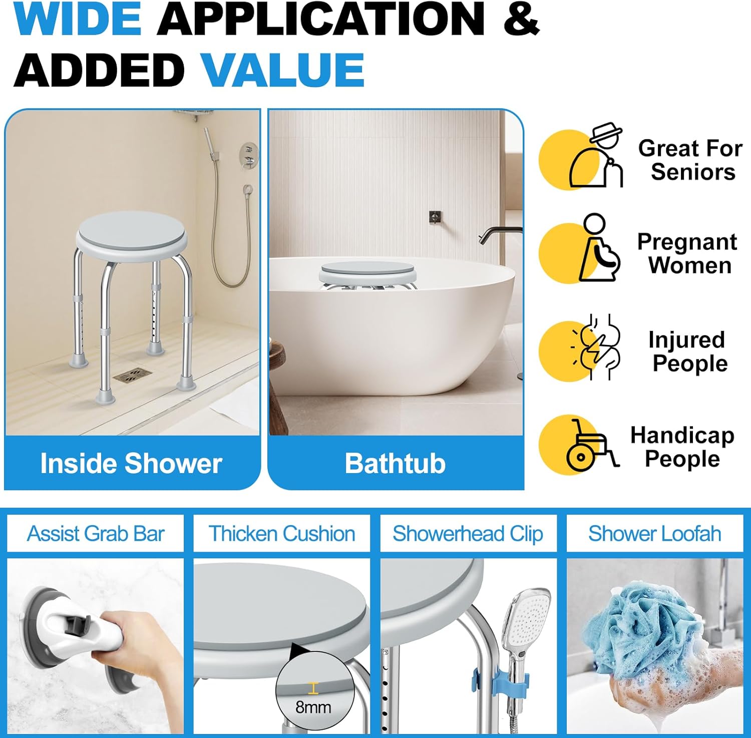 Medhelp Silla de ducha con respaldo para interior de ducha y taburete de ducha para bañera, taburete de ducha ajustable, asiento de baño