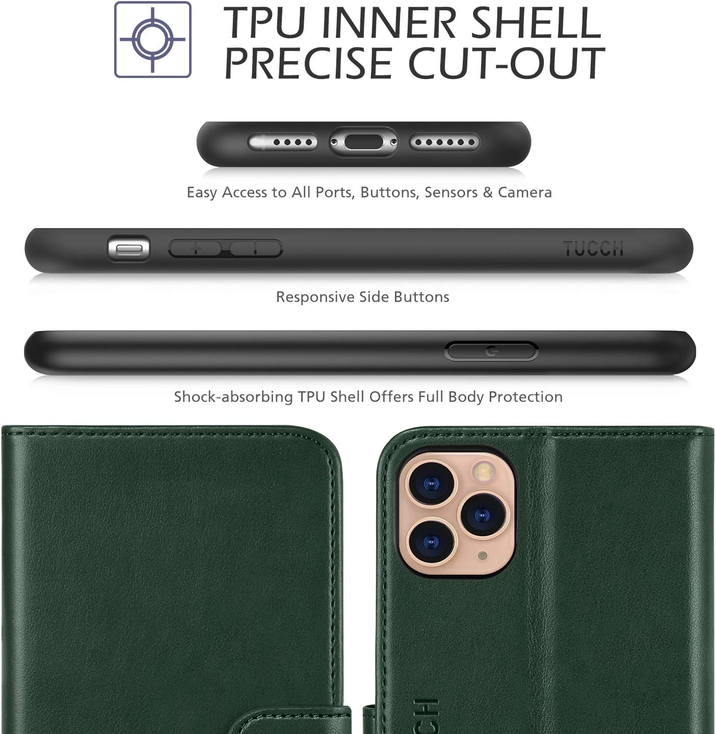 TUCCH Funda tipo cartera para iPhone 11 Pro Max, ranura magnética para tarjetas con bloqueo de radiofrecuencia automática y bloqueo RFID, funda de
