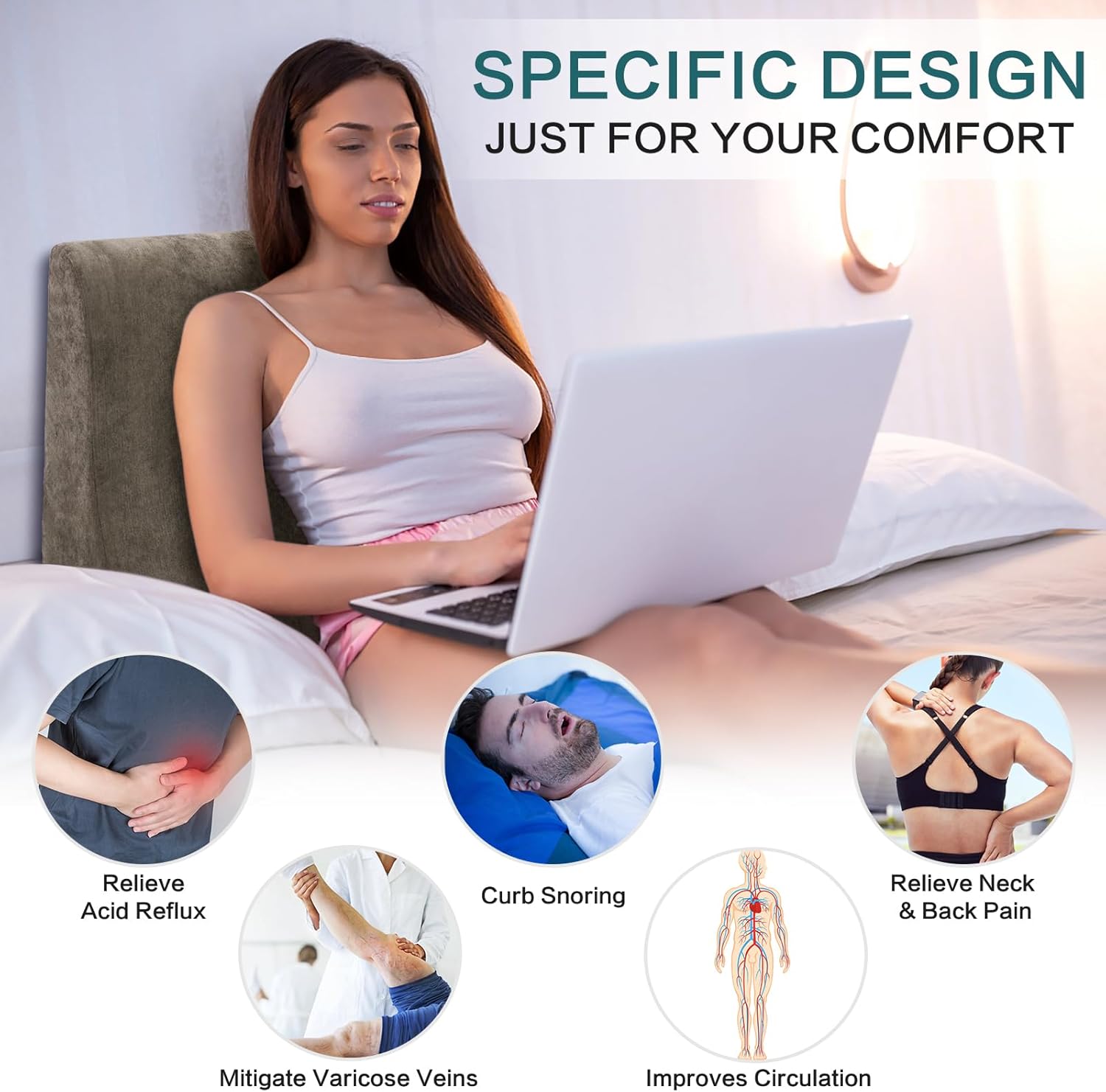 baibu Almohada de cuña de cama de 25 x 20 pulgadas para aliviar el dolor de espalda, piernas y rodilla, soporte de espalda para sentarse en la