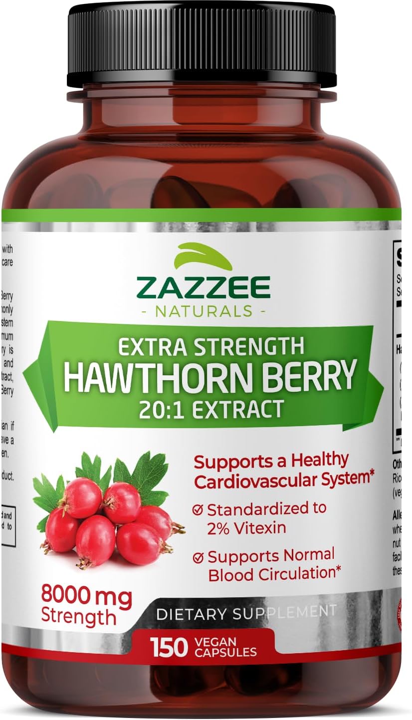 Zazzee Extracto de baya de espino extra fuerte 201, 8000 mg de fuerza, 2% de vitexina, 150 cápsulas veganas, suministro de 5 meses, extracto