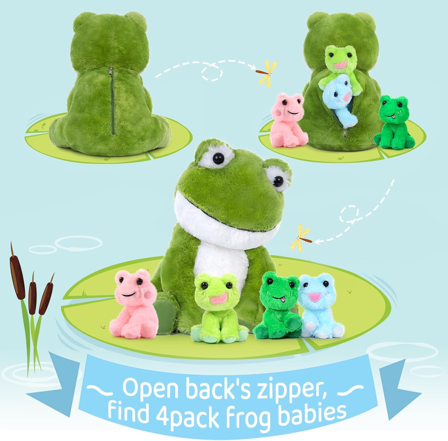 MorisMos Juguetes de peluche de rana grande, gran peluche verde de rana mamá y 4 juguetes de rana bebé para niños, lindos juguetes de sapo de