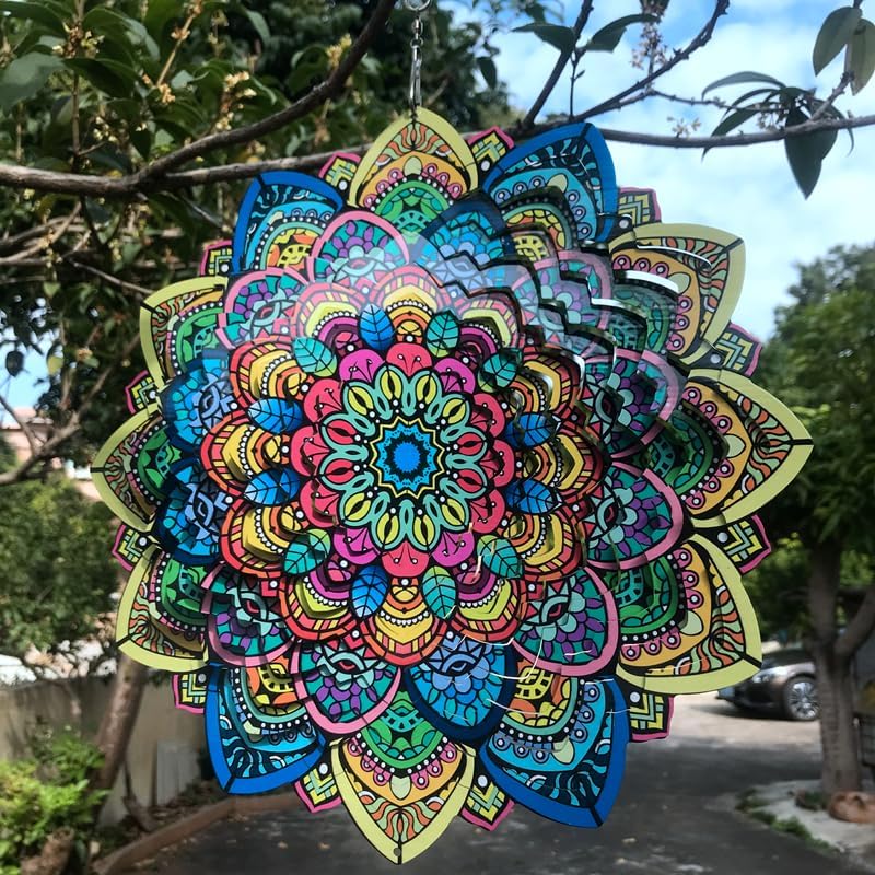 HZSprance Molinillo de viento con diseño de mandala, escultura de jardín de acero inoxidable 3D de 12 pulgadas, para colgar en el patio, decoración