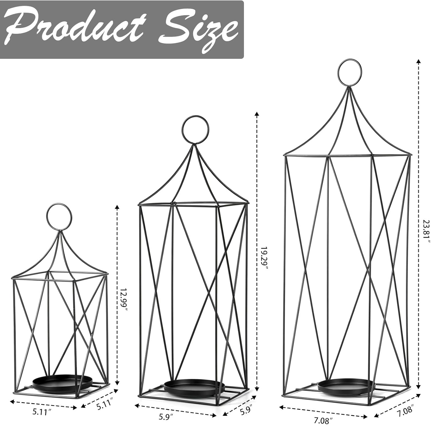 Juego de faroles de metal altos de 3-24, 19 y 13 pulgadas, elegantes portavelas para bodas, fiestas y decoración de Navidad, uso en interiores y