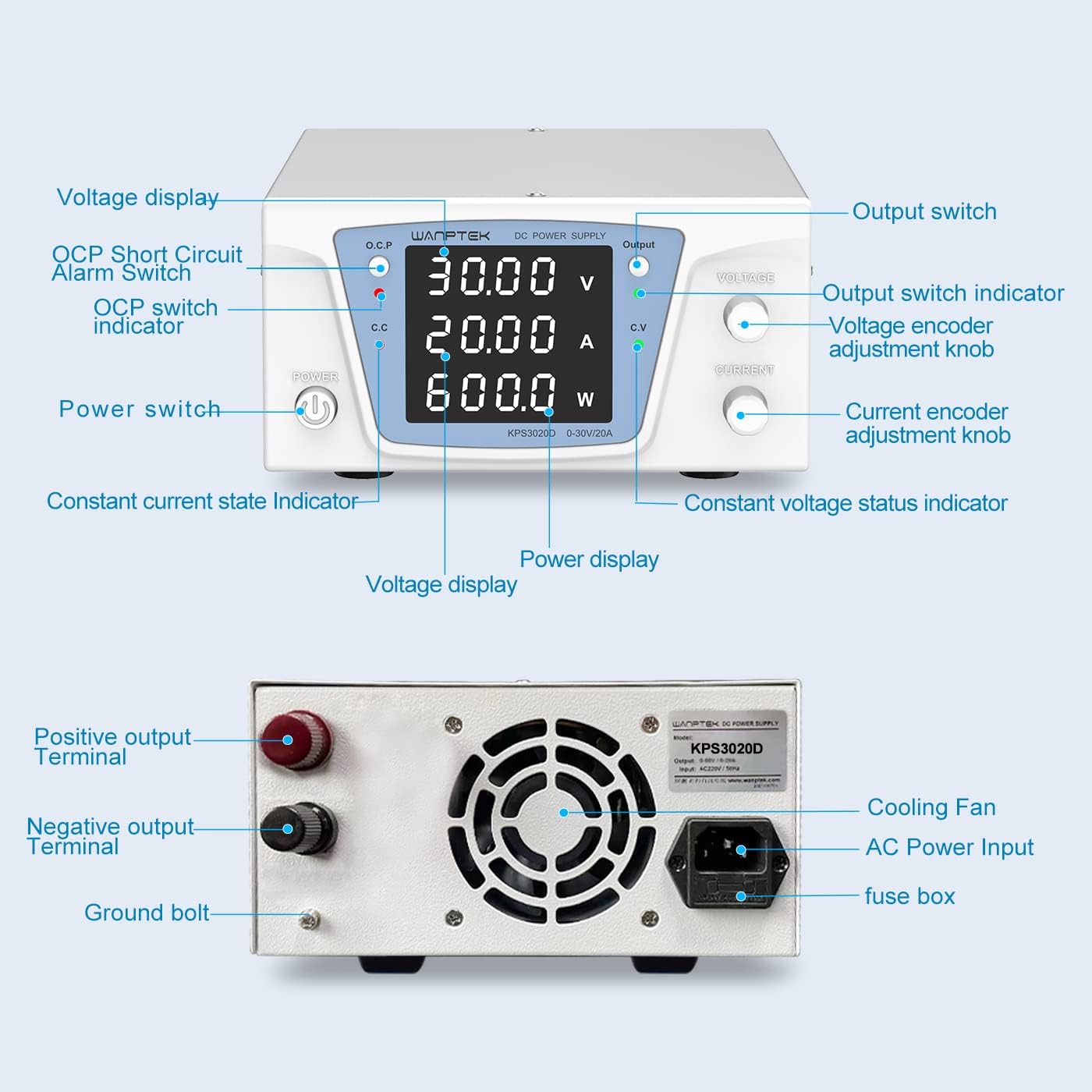 Fuente de alimentación CC variable 30V 20A 600W, fuente de alimentación de banco con perillas de ajuste precisas del codificador, fuente de
