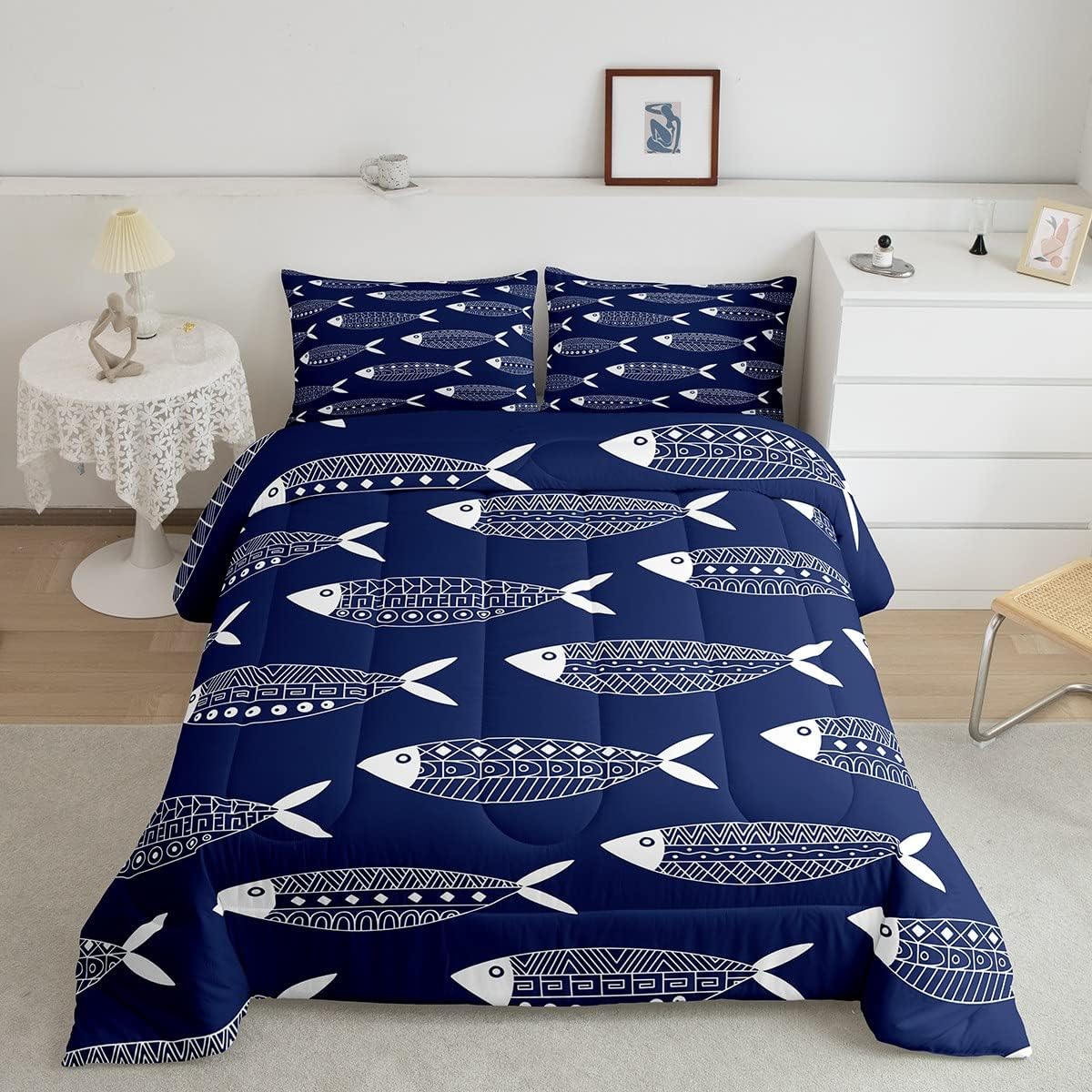 Juego de edredón de peces tamaño King, ropa de cama azteca, ropa de cama tradicional mexicana, maya, étnica, abstracta, océano, geométrico, azul