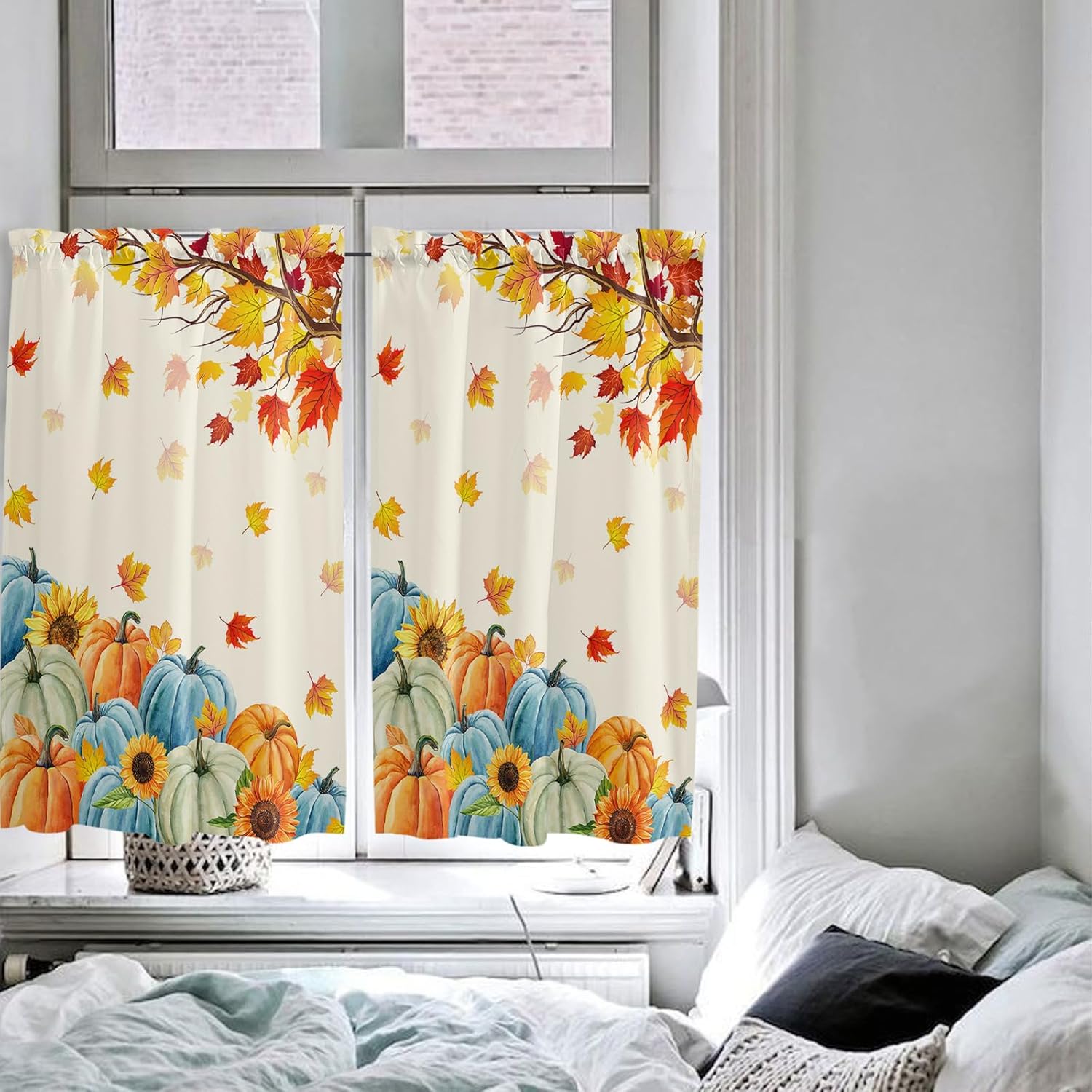Juego de 2 paneles de cortinas de cocina de otoño de 45 pulgadas de largo, cortinas de ventana con filtro de luz, cortinas de café, cortinas con