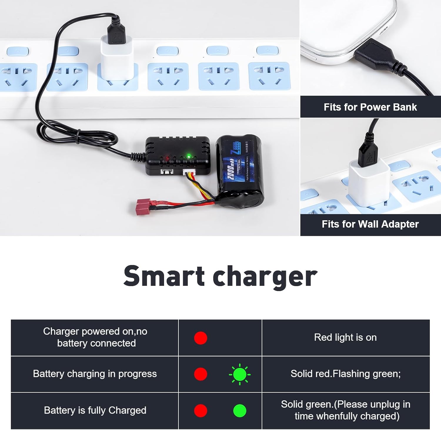Zeee Batería de iones de litio 2S de 2000 mAh 7.4 V Deans T conector con cargador de batería de 7.4 V compatible con 110, 112, 116 escala RC Cars