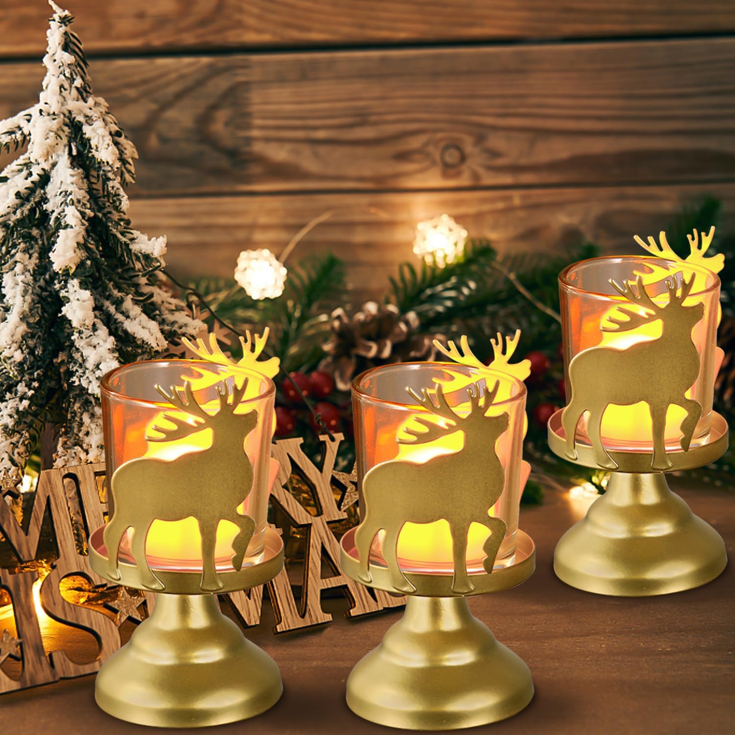 Portavelas de Navidad, decoración de mesa rústica pequeña con elegante diseño de reno dorado, juego de 3 portavelas de pilar mental, centros de mesa