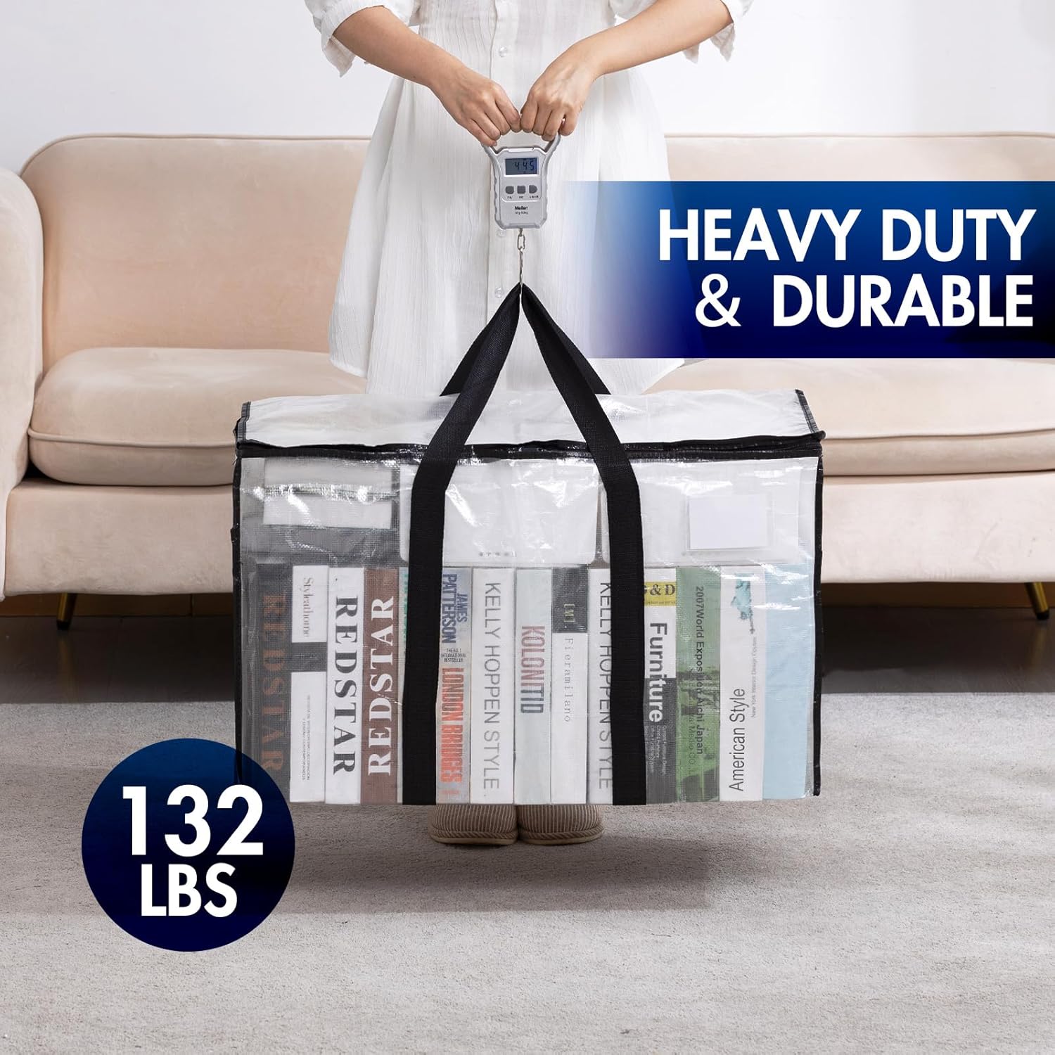 TAILI Bolsas de mudanza extra grandes, paquete de 4 bolsas transparentes resistentes para almacenamiento, asas envolventes, bolsas de almacenamiento