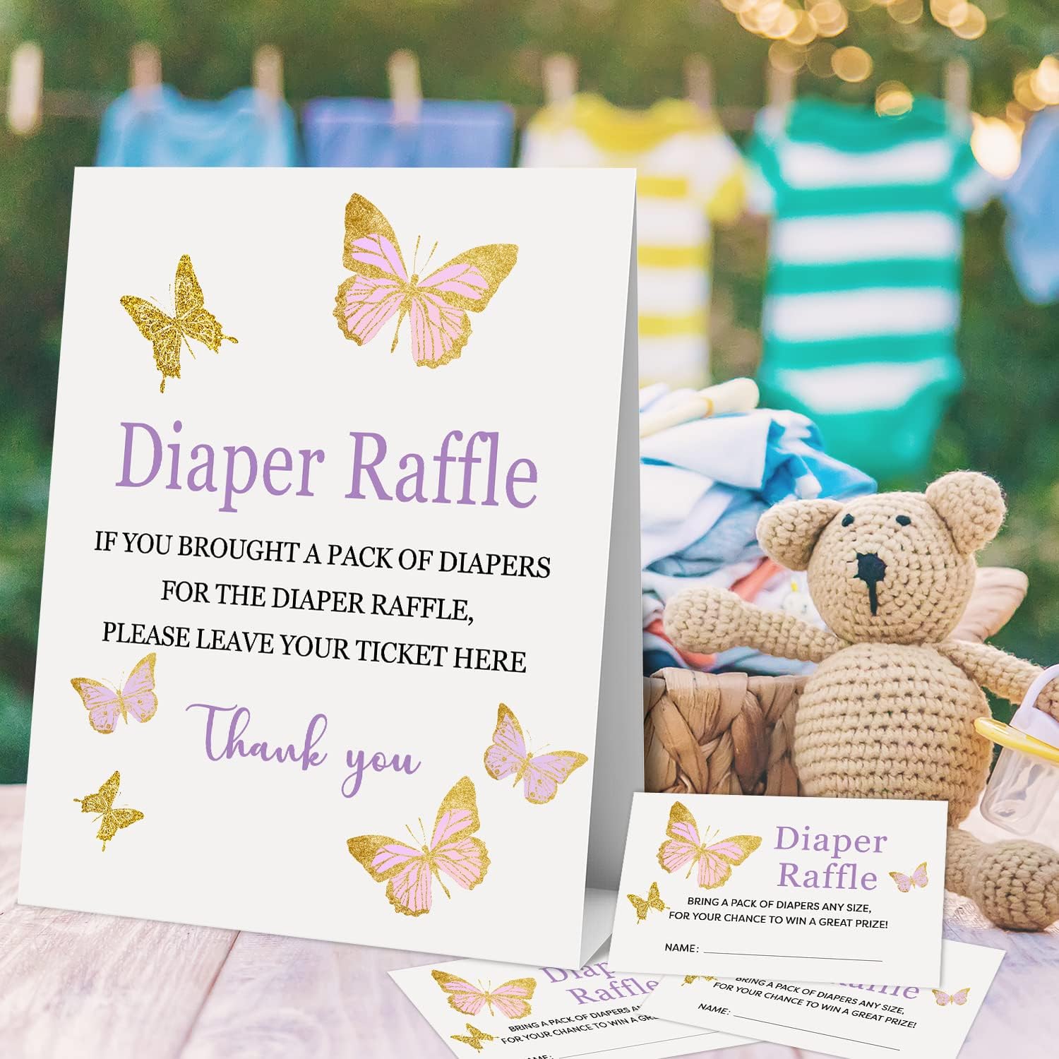 Juego de rifa de pañales para baby shower, 1 letrero y 50 boletos para rifas de pañales, mariposas doradas lilas, decoraciones de juego para fiesta