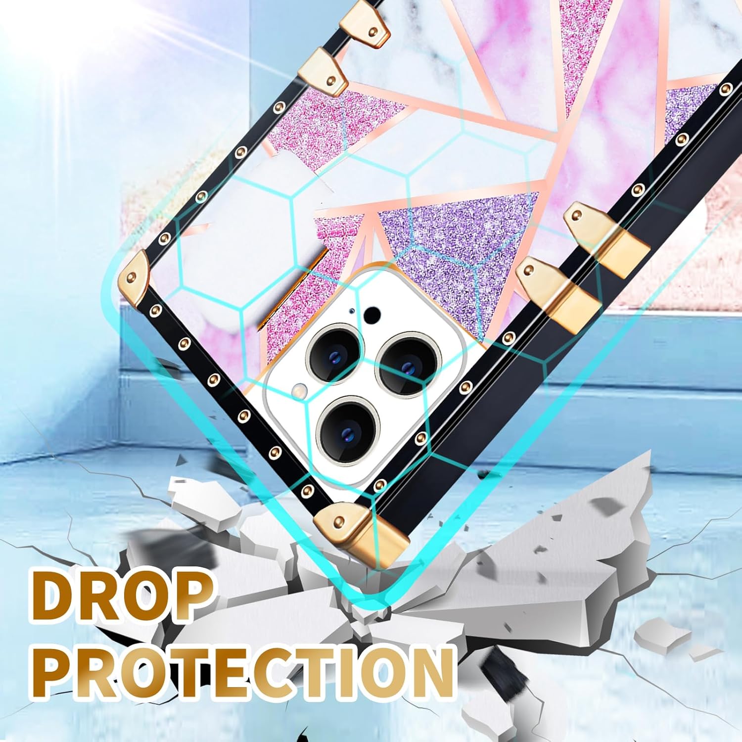 Loheckle Funda para iPhone 15 Pro Max para mujeres, niñas, adolescentes, diseño cuadrado a la moda, lindas fundas con soporte de anillo y cordón,