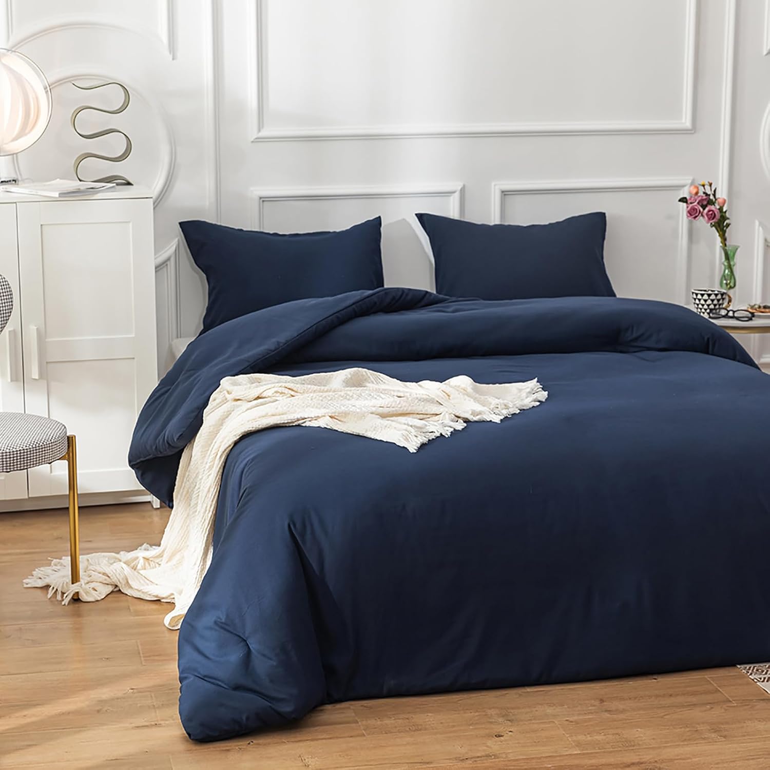 Cottonight – Juego de edredón azul marino tamaño individual, edredón unicolor moderno de algodón suave y transpirable, azul oscuro, para hombres y