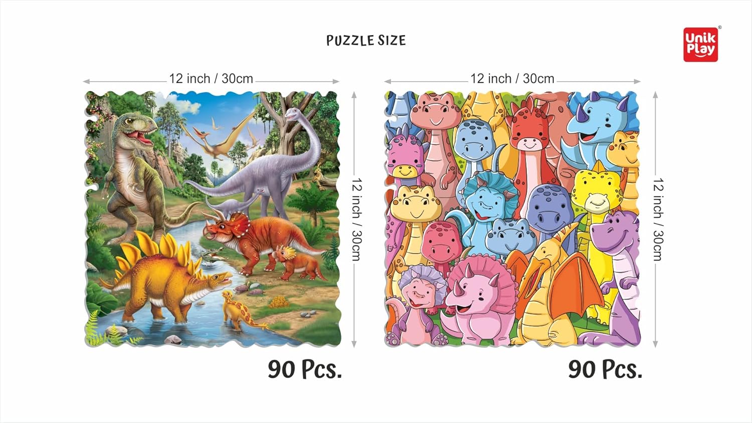 Rompecabezas de dinosaurios  Paquete de 2 rompecabezas para niños, 12 x 12 pulgadas, 90 + 90 piezas  Rompecabezas único y atractivo sin bordes