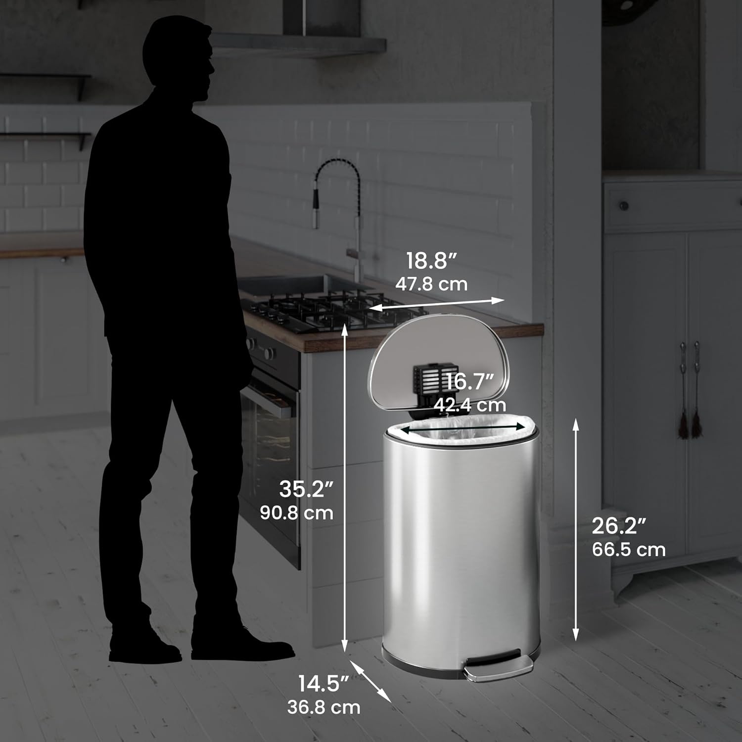 iTouchless SoftStep – Cubo de basura de 13.2 galones con filtro de olor, acero inoxidable de 50 litros, ahorra espacio con pedal para cocina, hogar,