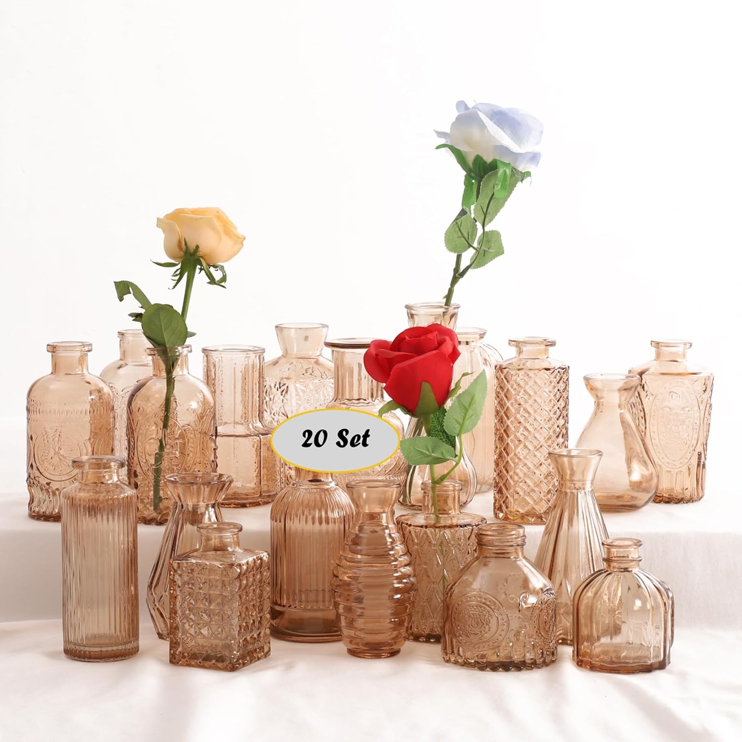 Juego de 20 jarrones de cristal, jarrones pequeños a granel para flores, jarrones de vidrio ámbar para centros de mesa, mini jarrones de brote a