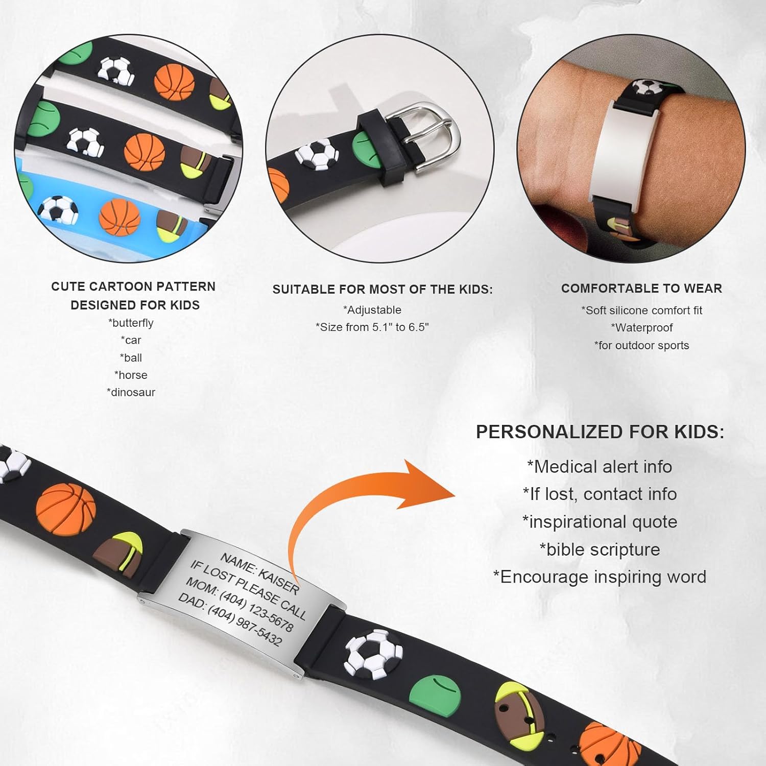 Pulseras de identificación de seguridad para niños, de silicona suave, de acero inoxidable, con grabado gratuito, de varios colores, ajustables,