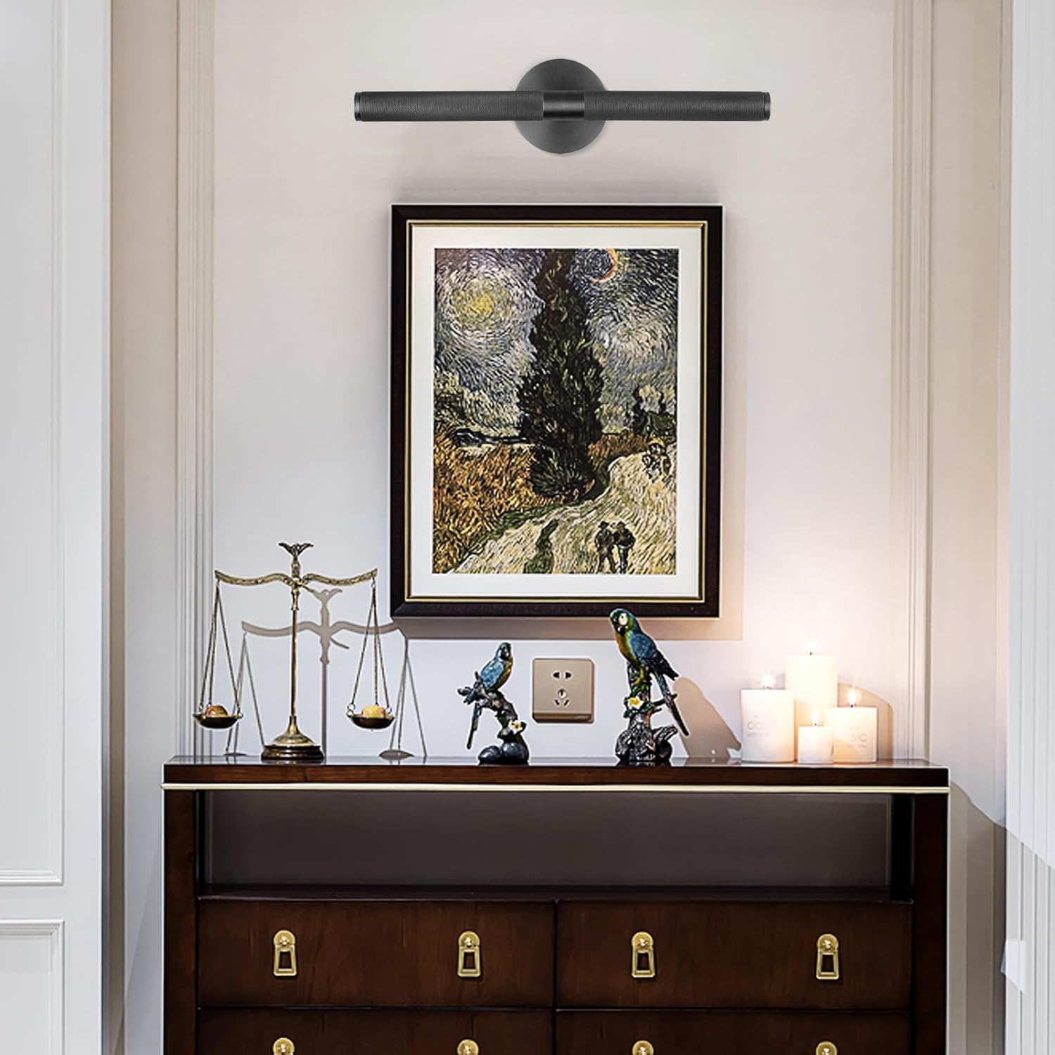 Apliques de pared negros para baño de 19 pulgadas, con textura moleteada, apliques de pared giratorios de cobre puro de 360, aplique de pared para
