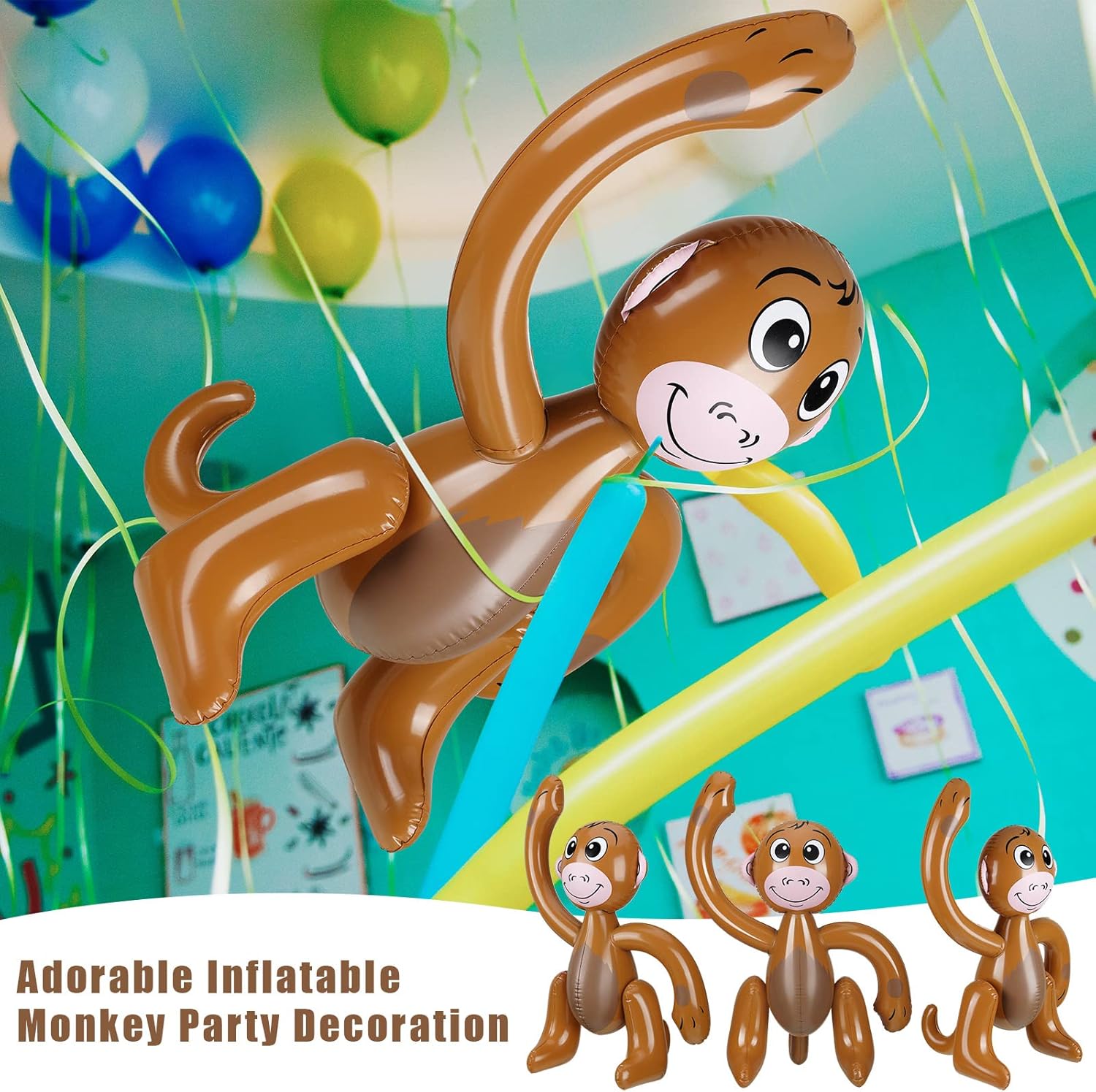 6 monos inflables de 27 pulgadas, suministros de fiesta de safari inflables de animales de safari con temática de monos, decoraciones de fiesta de