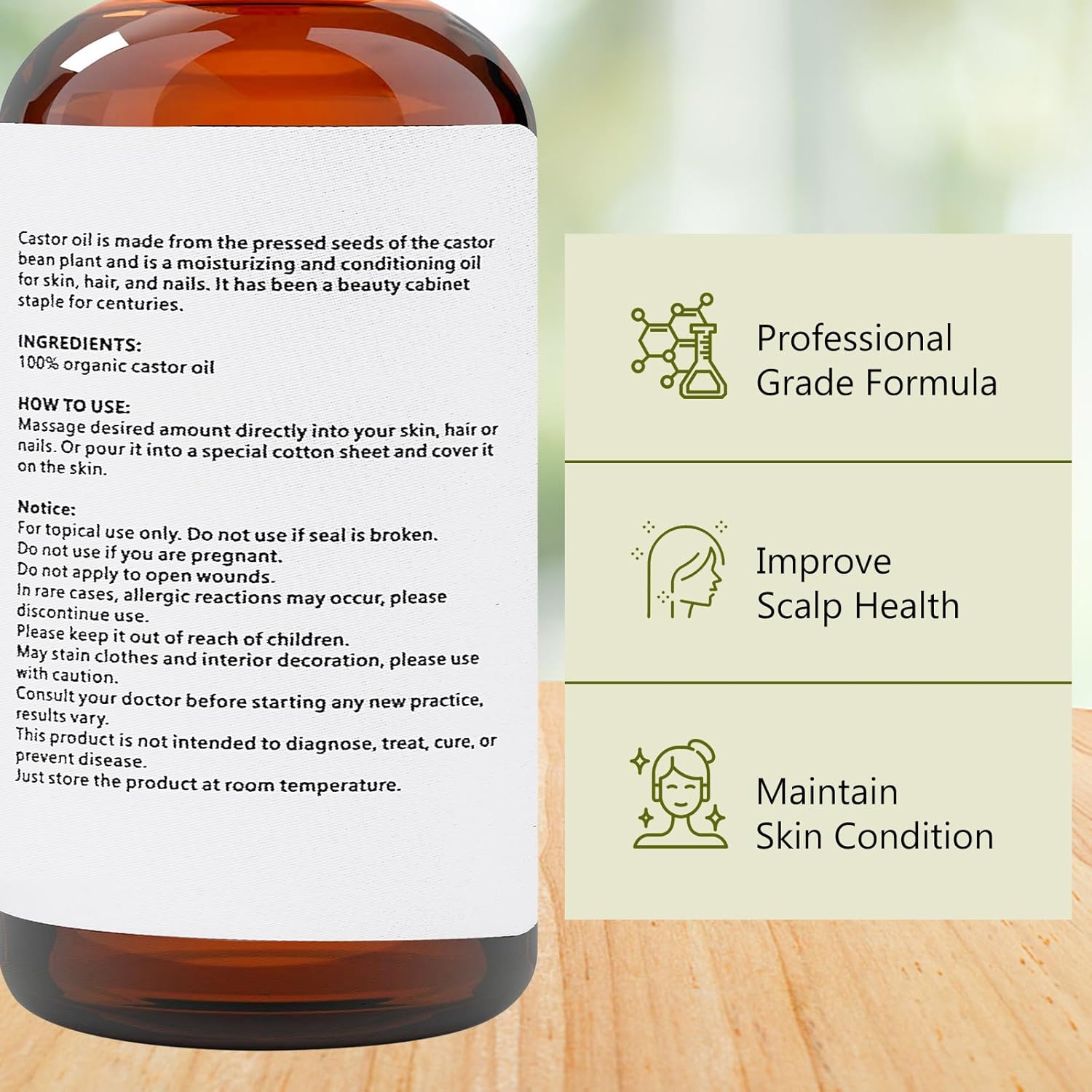 Aceite de ricino orgánico (2.11 onzas) con kit de pestañas, certificado orgánico, 100% puro, botella de vidrio, prensado en frío sin refinar, sin