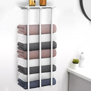 MOOACE – Toallero para baño montado en la pared, 3 barras enrolladas con parte superior de madera y ganchos de pared, organizador de baño de metal MOOACE – Toallero para baño montado en la pared, 3 barras enrolladas con parte superior de madera y ganchos de pared, organizador de baño de metal