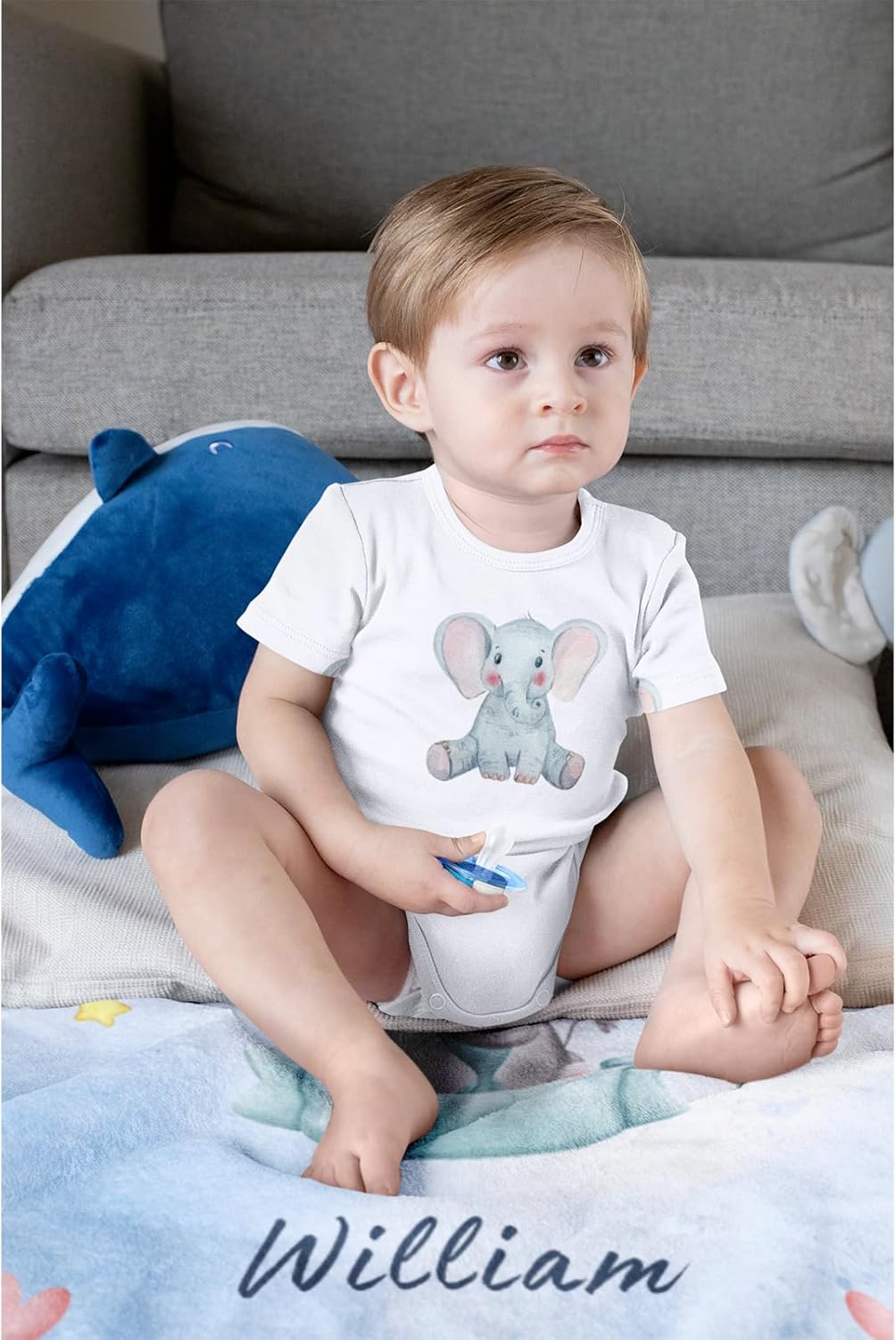 Manta de bebé personalizada con nombre personalizado, manta de elefante para niñas y niños (azul)