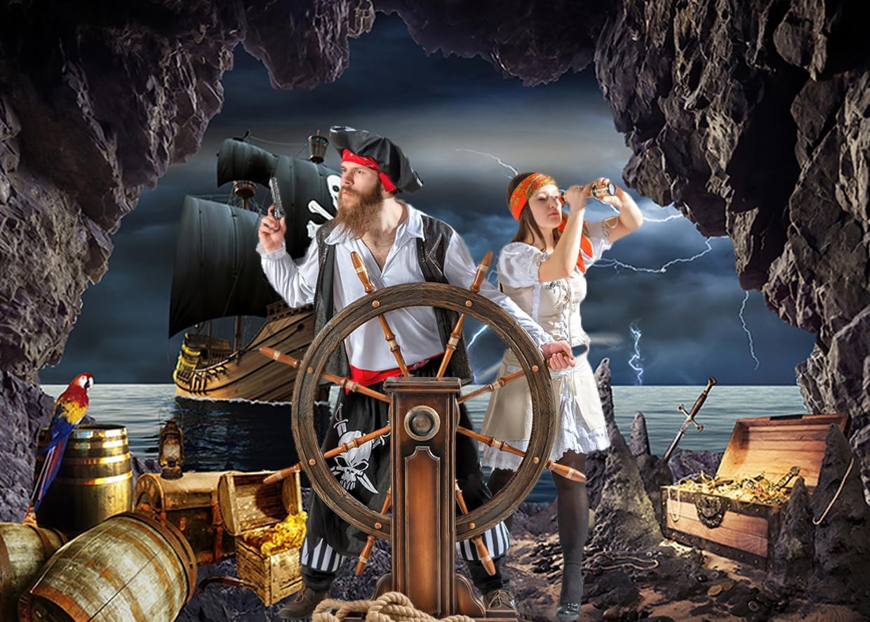 Telón de fondo de barco pirata de 7 x 5 pies, aventura náutica, búsqueda del tesoro, fotografía, telón de fondo, tema pirata, fondo de fotografía