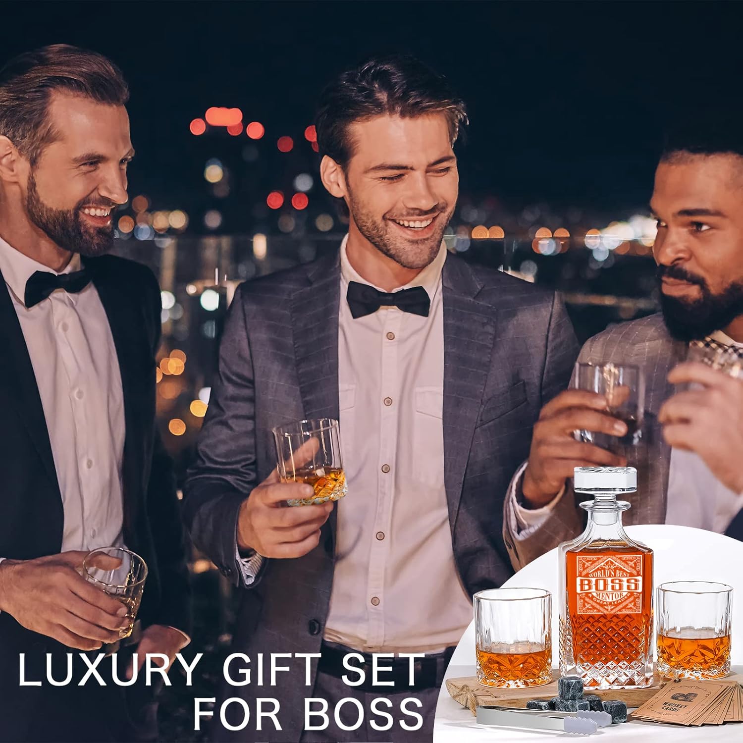 PONPUR Regalos de jefe para hombres, juego de decantadores con piedras y gafas, regalo de cumpleaños para el mejor día del jefe, regalos de
