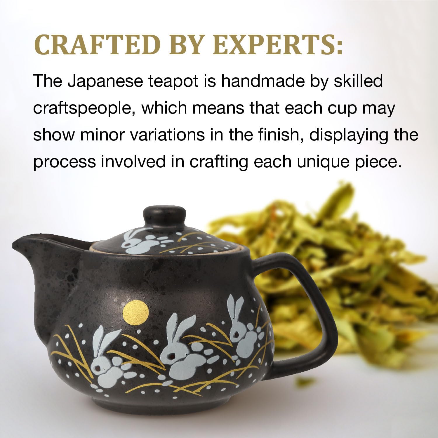 HAKONE YOSEGI Tetera japonesa Kutani Yaki de conejo Kutani Yaki de 10 onzas con infusor extraíble, taza con asa, tetera segura para estufa, set de
