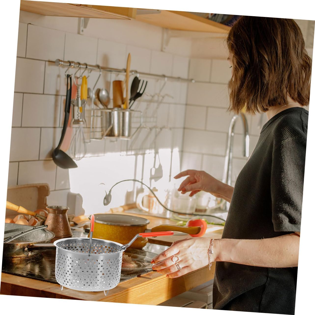 Cesta de fritura de acero inoxidable colador de alimentos fritos colador de fideos con asa cesta de espagueti cesta de metal freír contenedores de