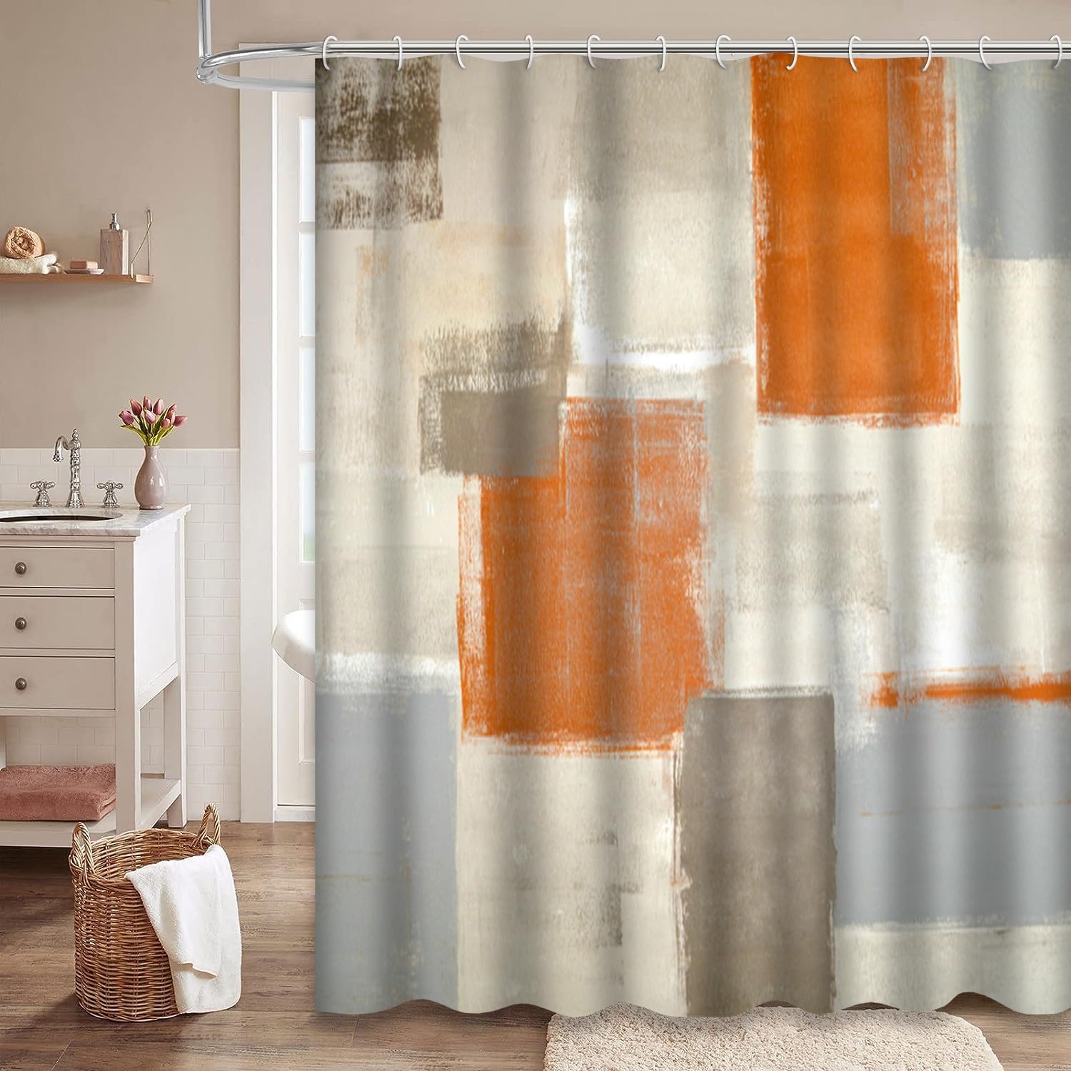 GALMAXS7 Cortina de ducha gris naranja, cortina de ducha de arte abstracto para baño con 12 ganchos, diseño decorativo, impermeable, decoración de