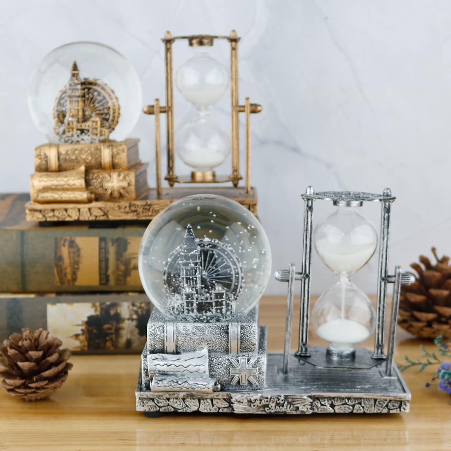 Bola de cristal LED de reloj de arena, globo de nieve musical con temporizador de 30 segundos, decoraciones para decoración de mesa del hogar para