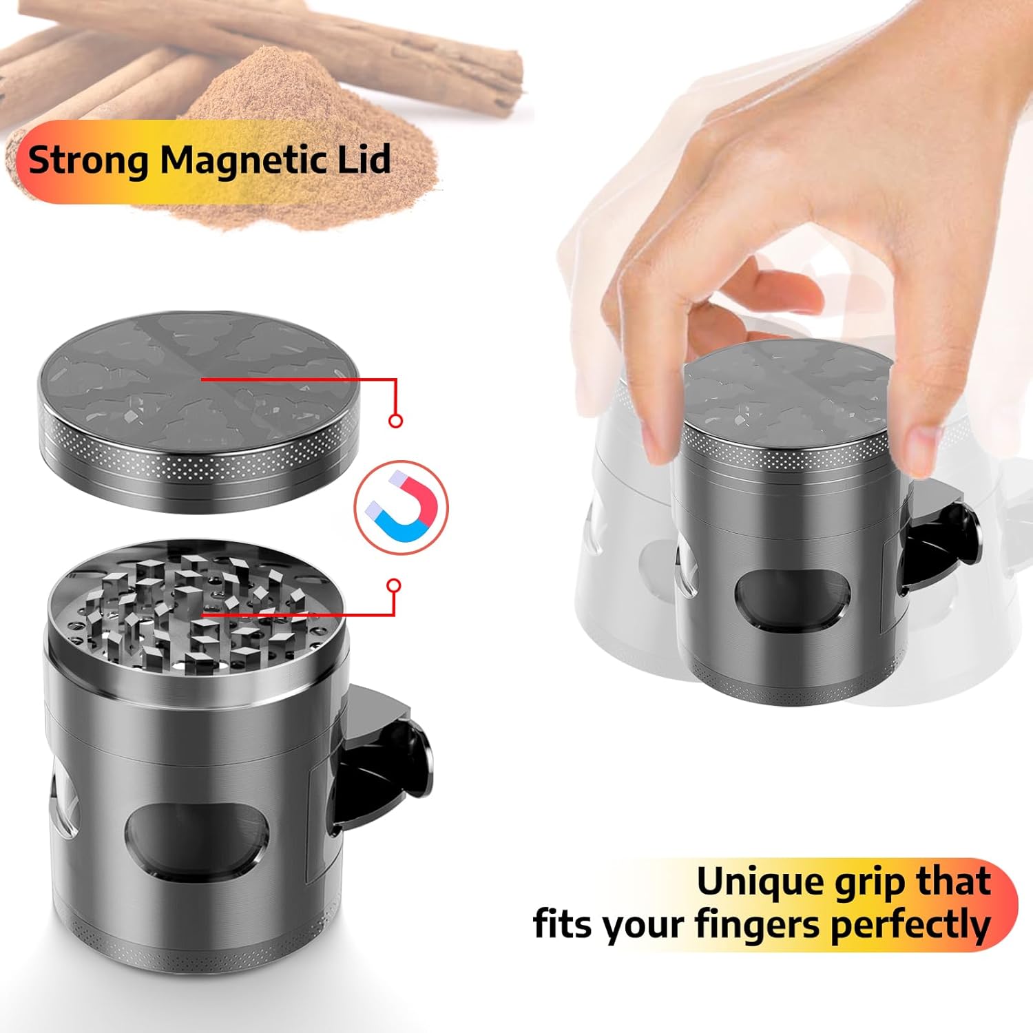 Fayzollz Molinillo de 2.5 pulgadas para hierbas y especias, molinillo manual con parte superior transparente (aleación de zinc, 2.5 pulgadas)