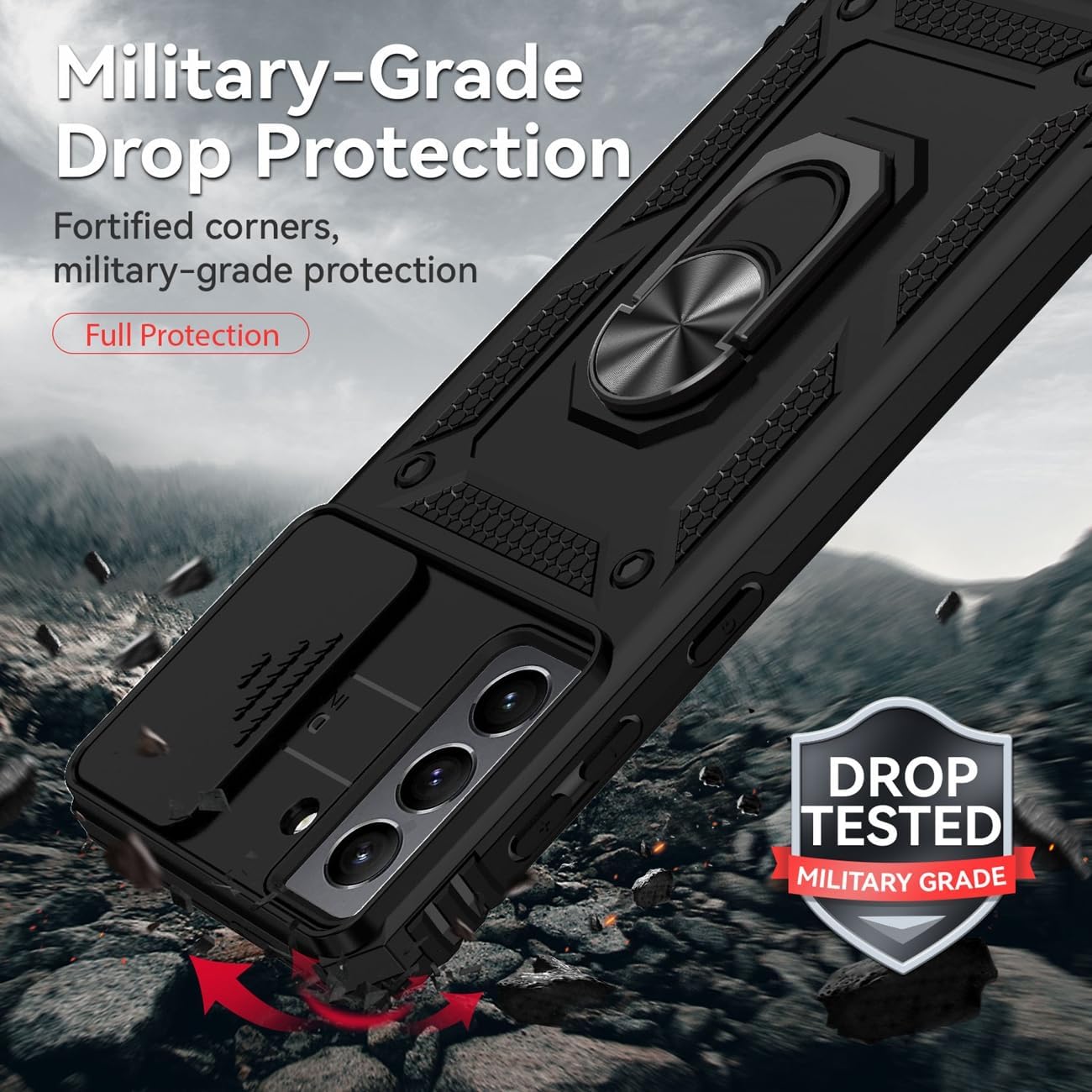 Yodueiv Funda para Galaxy S21 5G, Samsung S21 SM-G991U con protector de pantalla de vidrio templado y cubierta de cámara deslizante, anillo