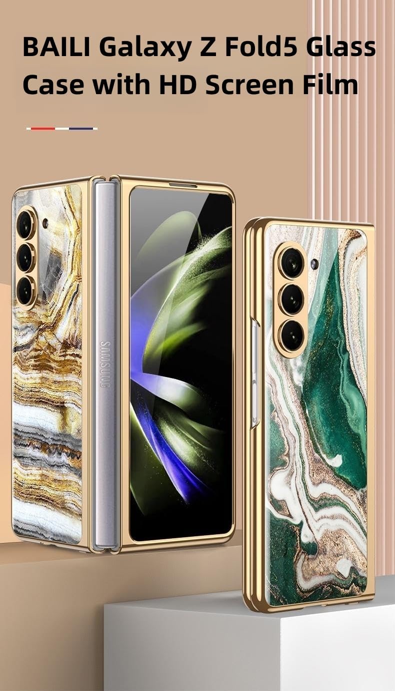 BAILI Funda para Galaxy Z Fold5, funda de vidrio Z Fold 5, funda protectora de vidrio templado ultrafina 9H Fold5, cubierta trasera de pintura de