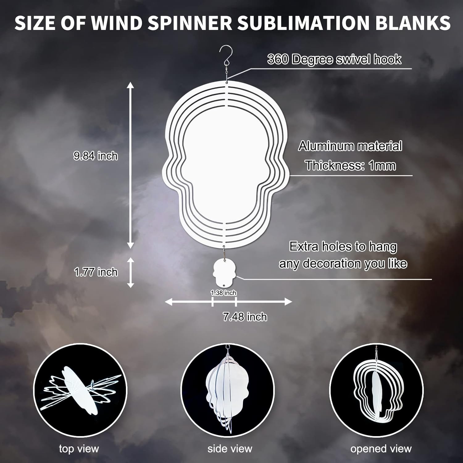 Paquete de 4 hilanderos de viento de sublimación, escultura cinética de aluminio 3D con forma de calavera, molduras de suspensión giratorias para