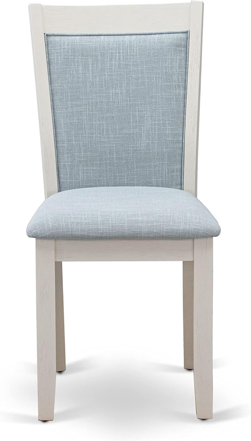East West Furniture Monza Parsons – Juego de 2 sillas acolchadas de tela azul bebé, lino cepillado blanco