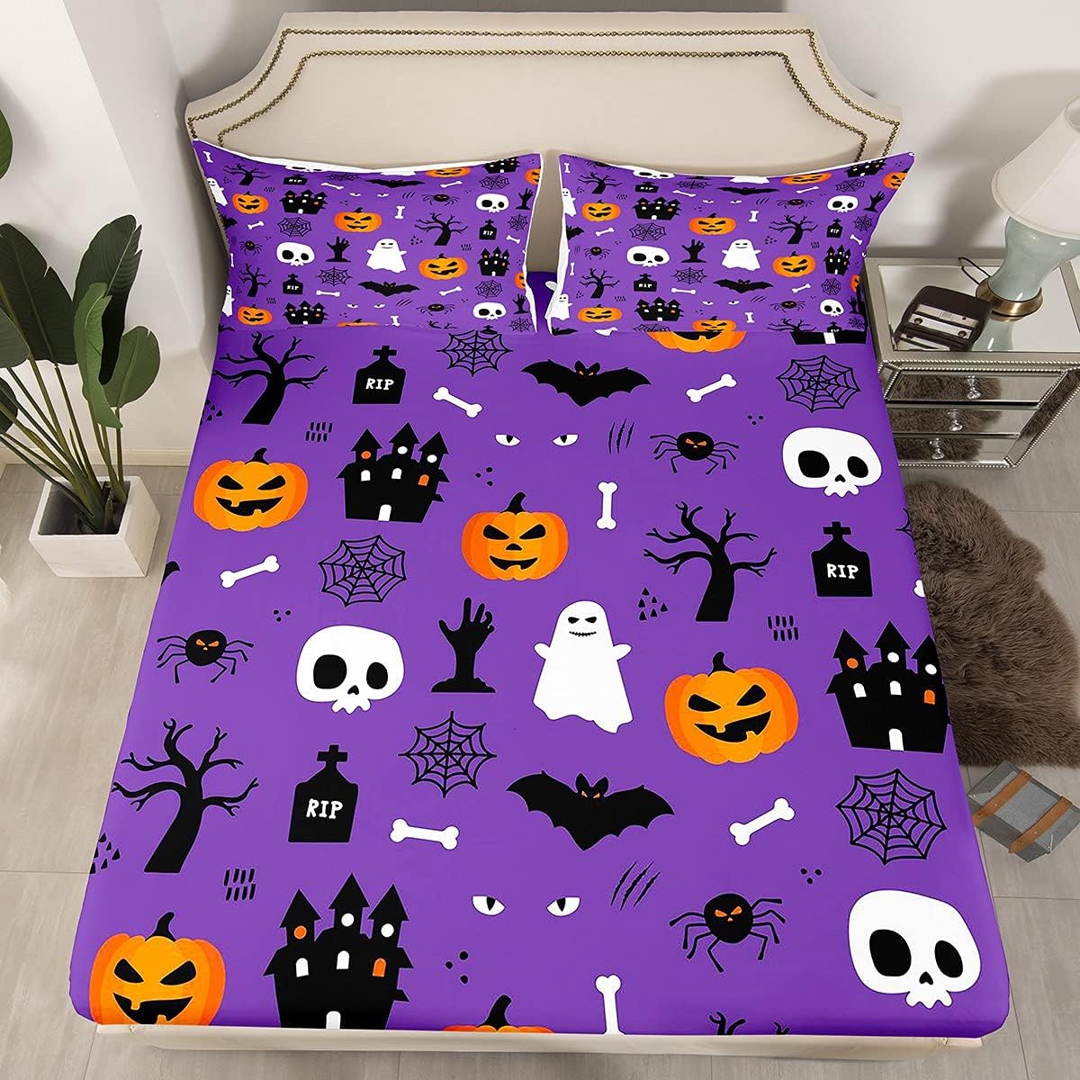 Feelyou Juego de sábanas bajeras de Halloween con diseño de calabaza de dibujos animados para niños y niñas, diseño de castillo, fantasma,